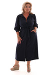 Lange travel jurk doorknoop met ceintuur marineblauw