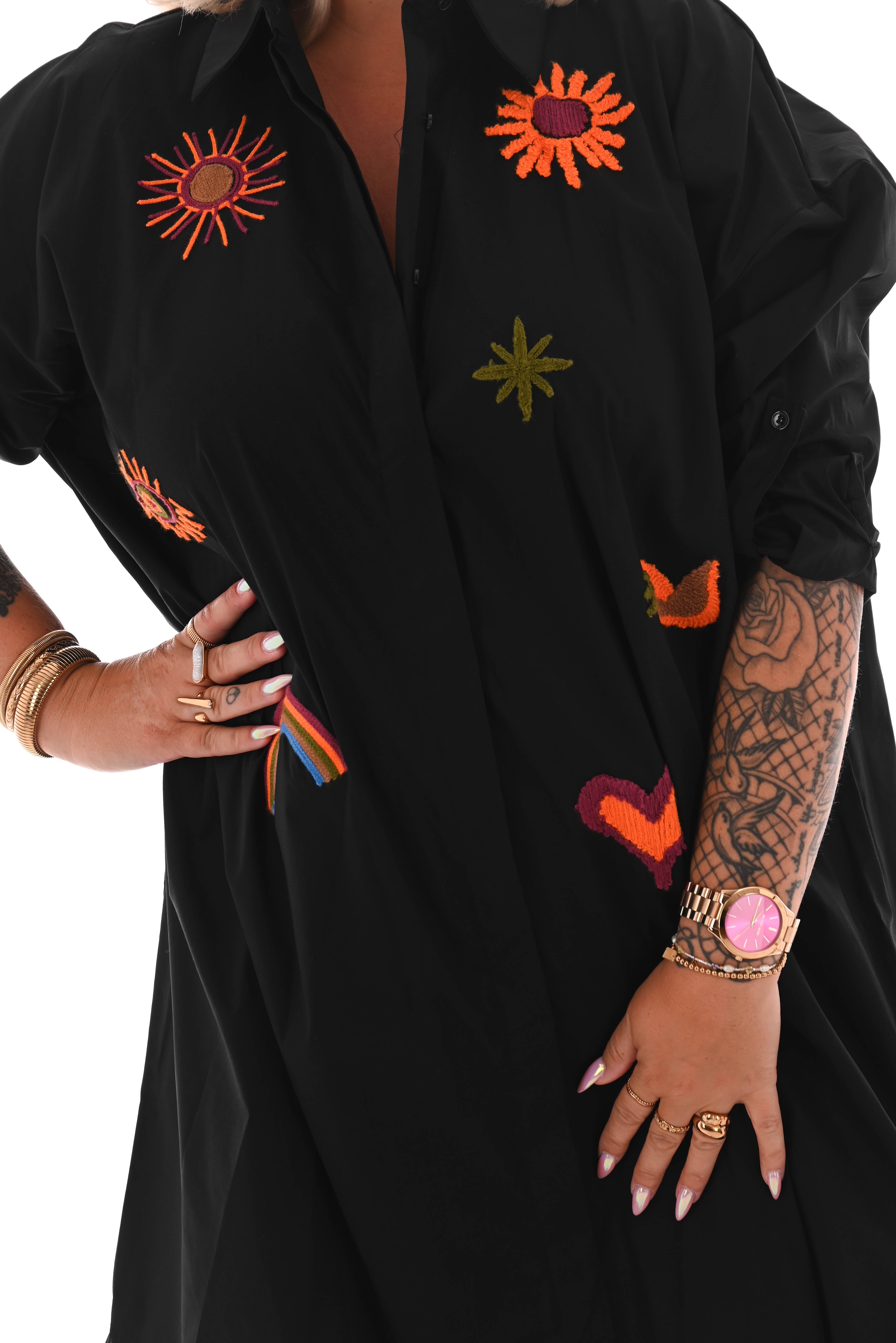 Blouse jurk borduur applicatie zwart