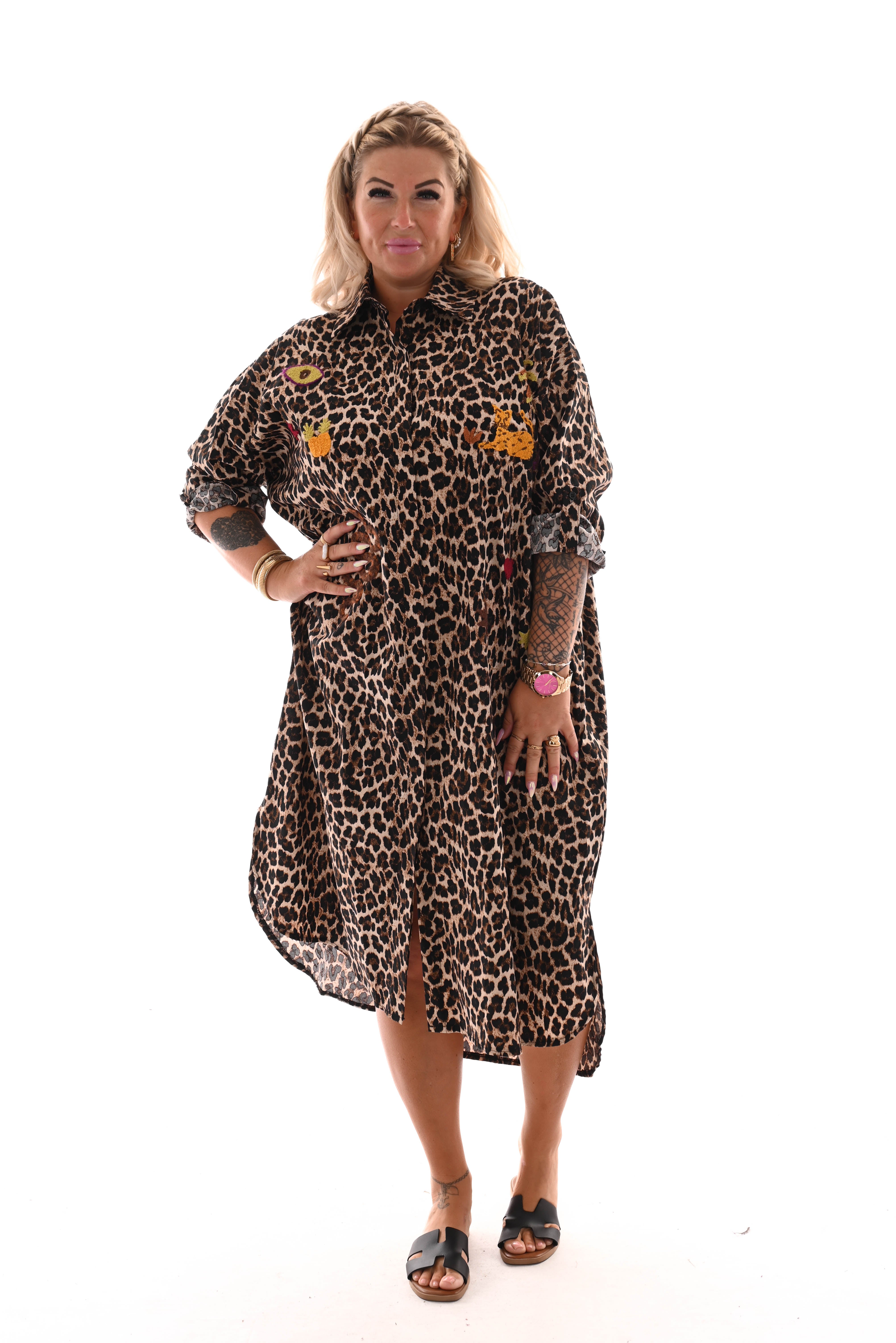Blouse jurk borduur applicatie panterprint donkerbruin