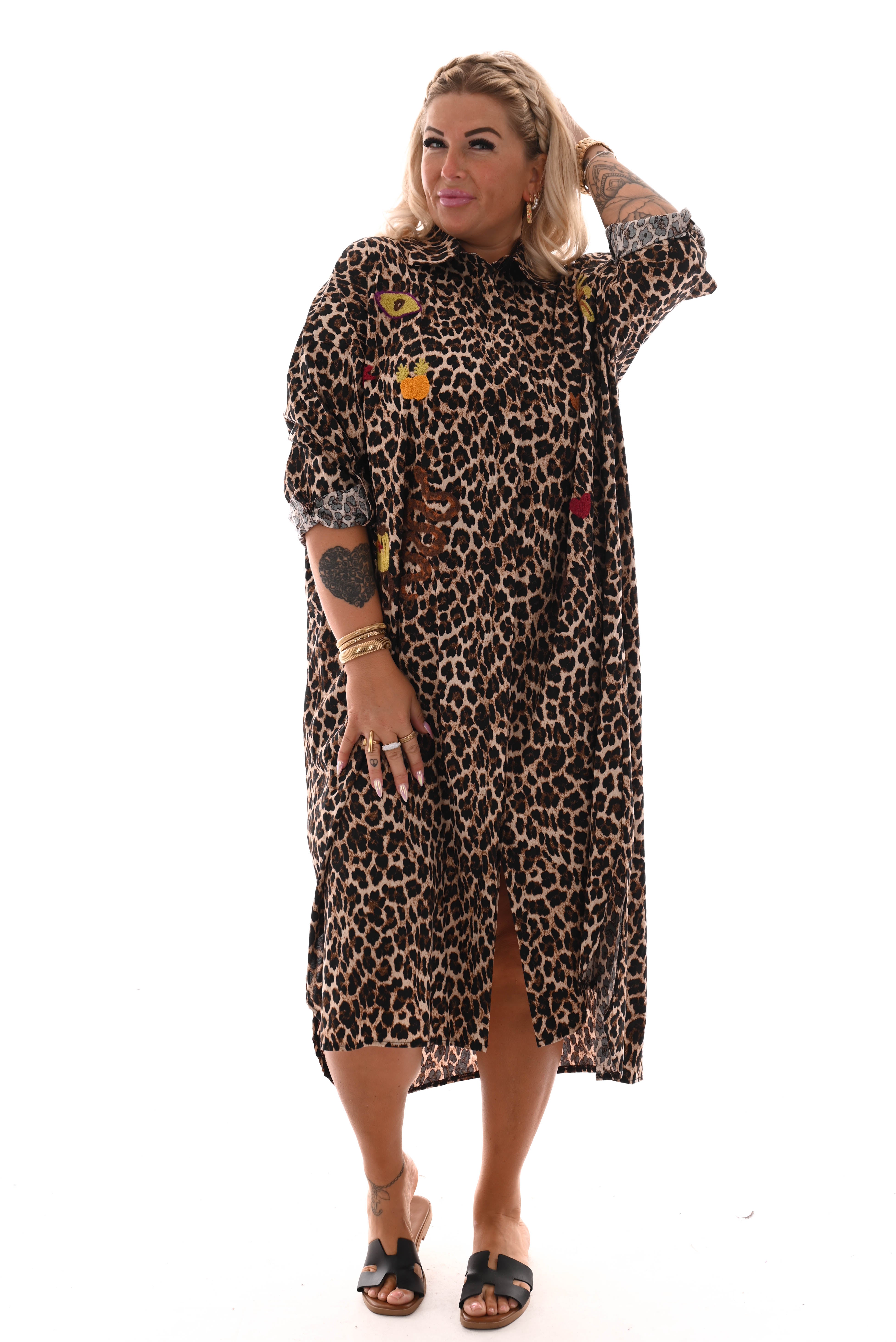 Blouse jurk borduur applicatie panterprint donkerbruin