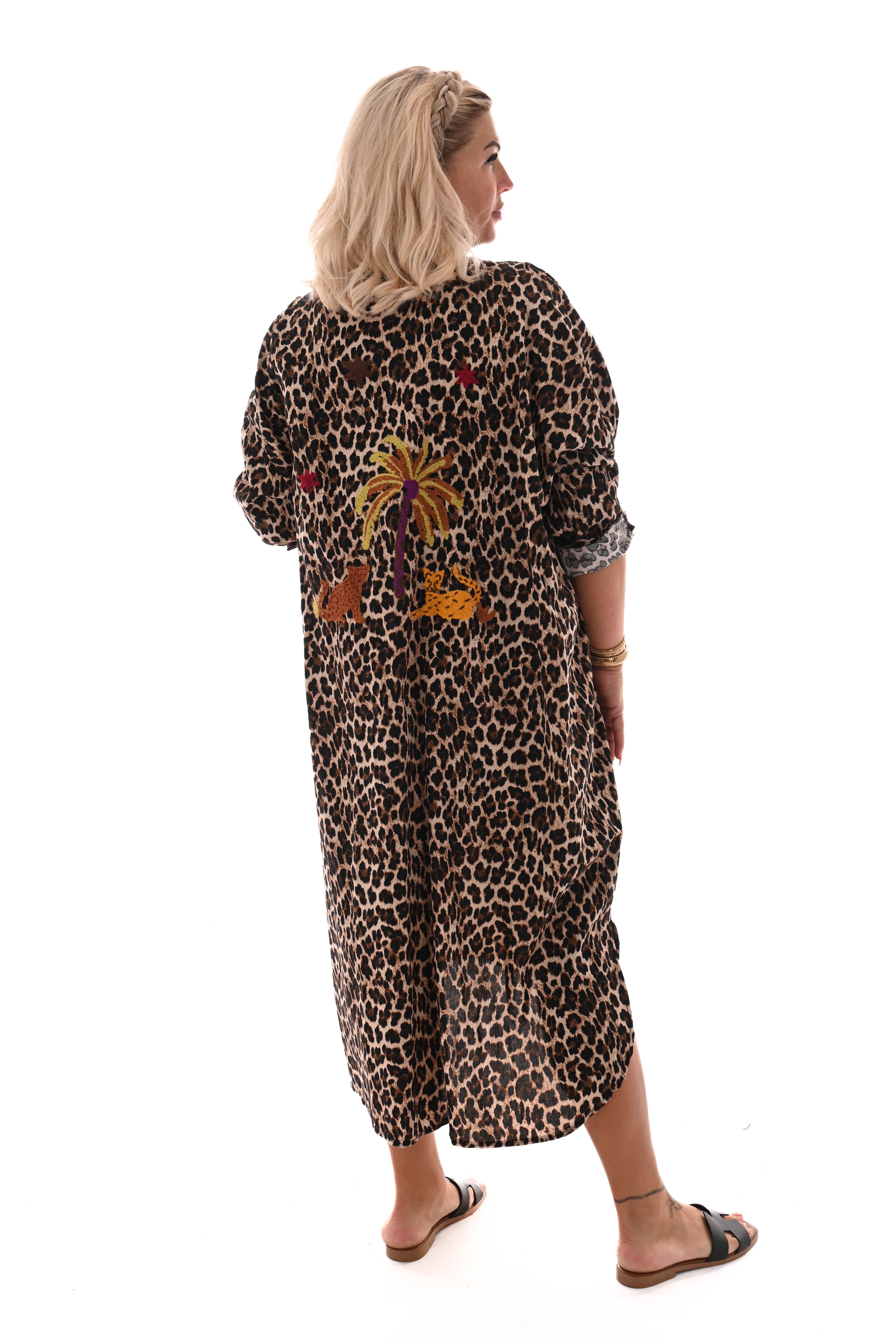 Blouse jurk borduur applicatie panterprint donkerbruin