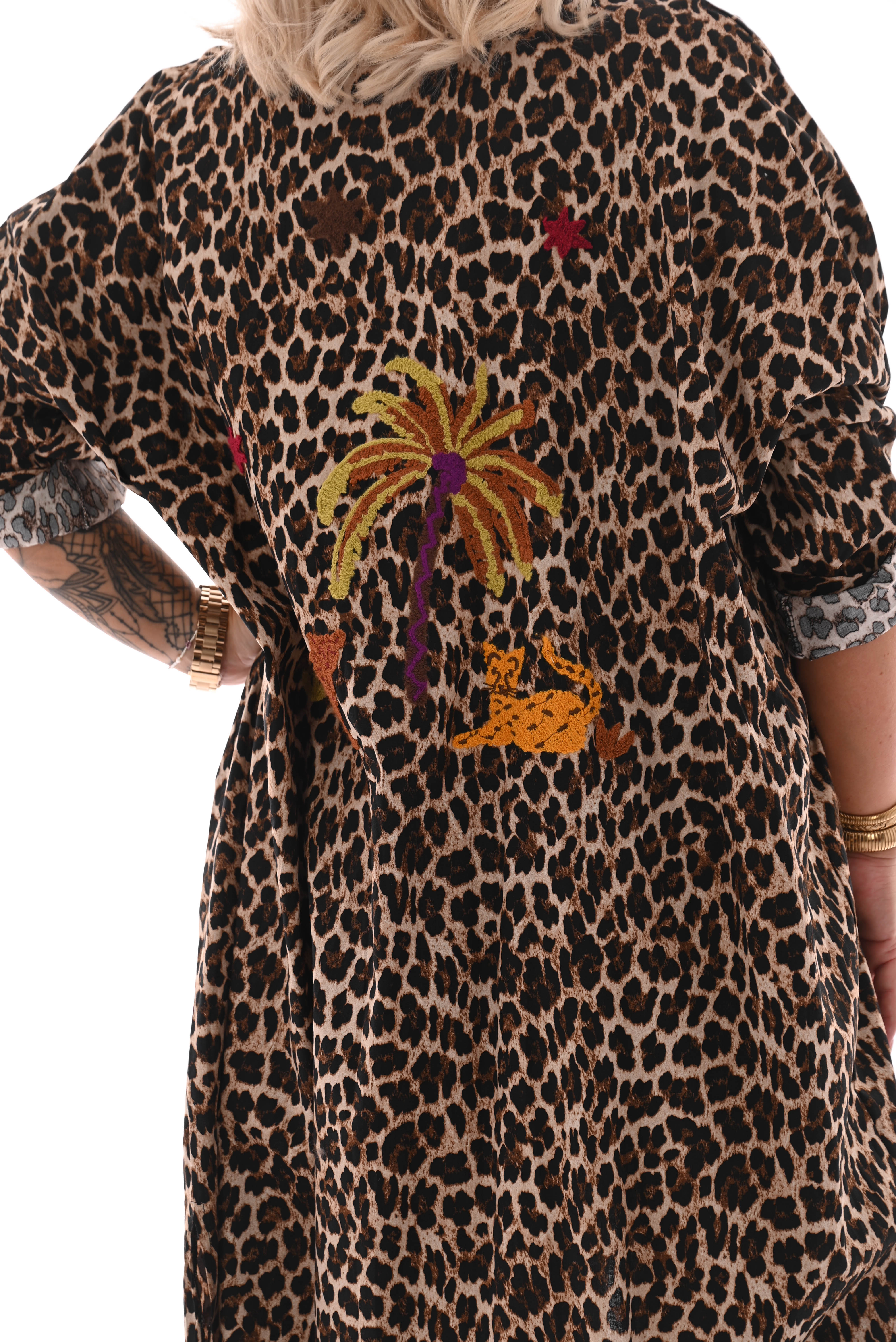 Blouse jurk borduur applicatie panterprint donkerbruin