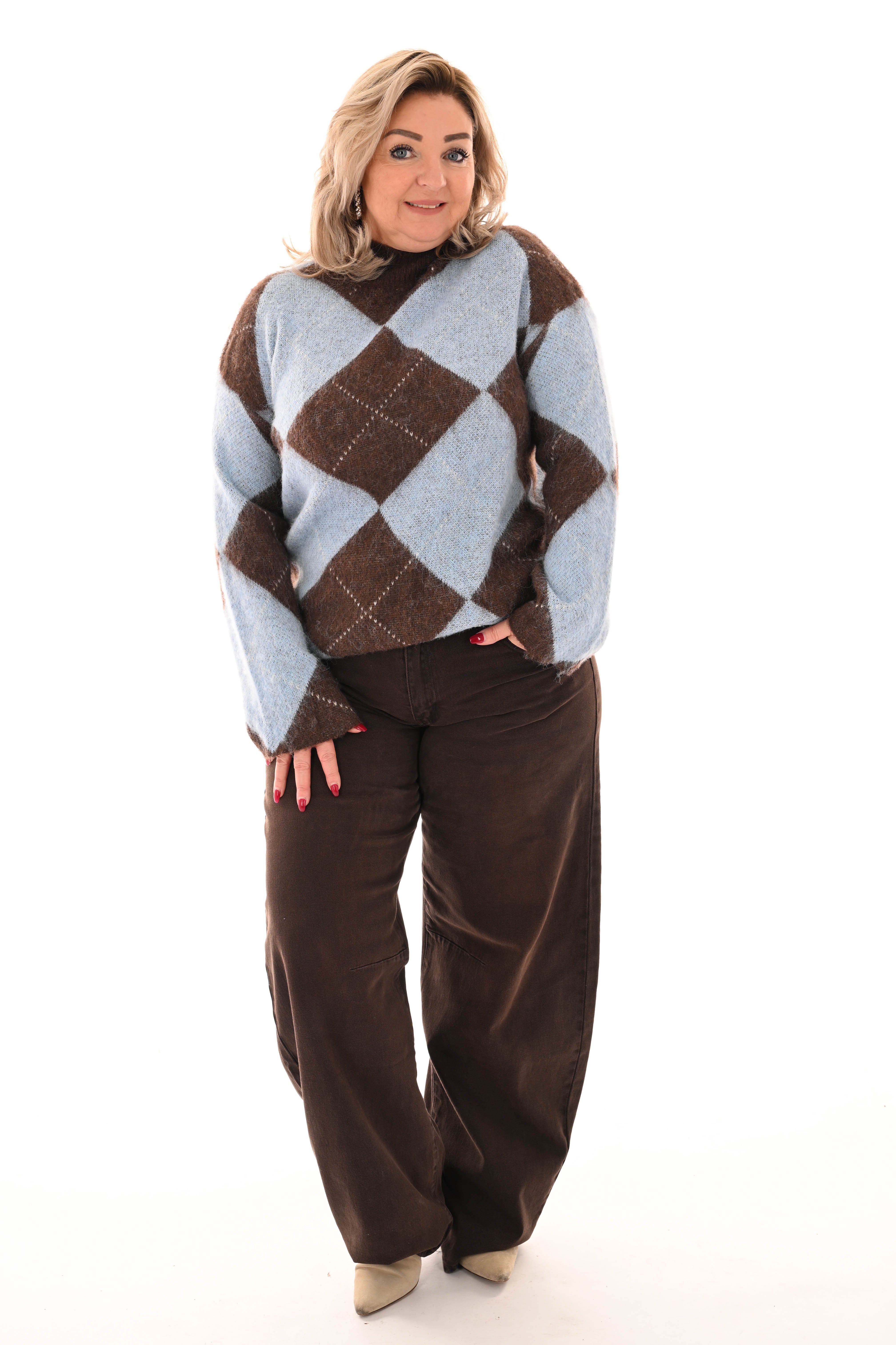 Trui ruitpatroon turtle neck lichtblauw