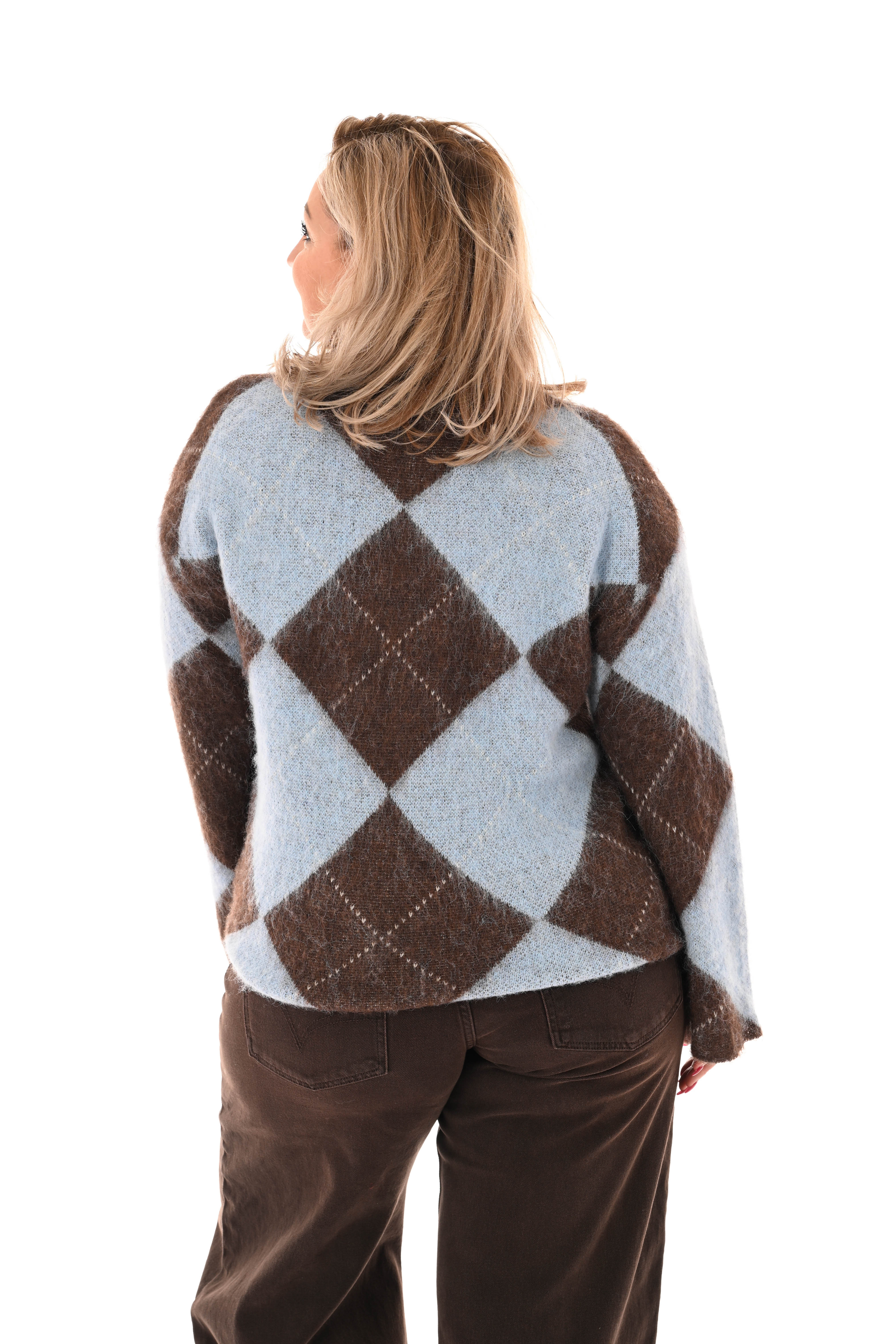 Trui ruitpatroon turtle neck lichtblauw