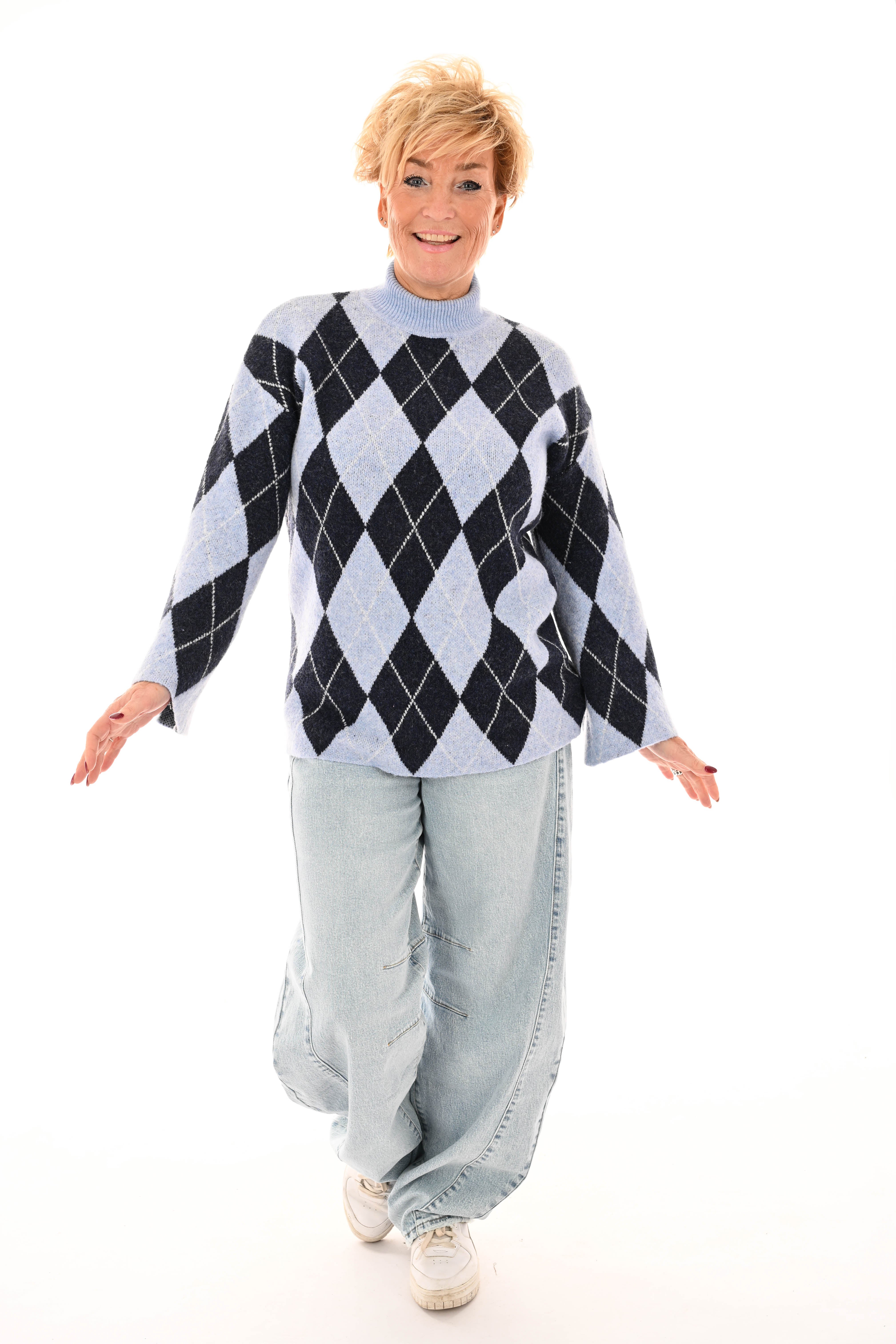 Gebreide trui ruit turtle neck blauw