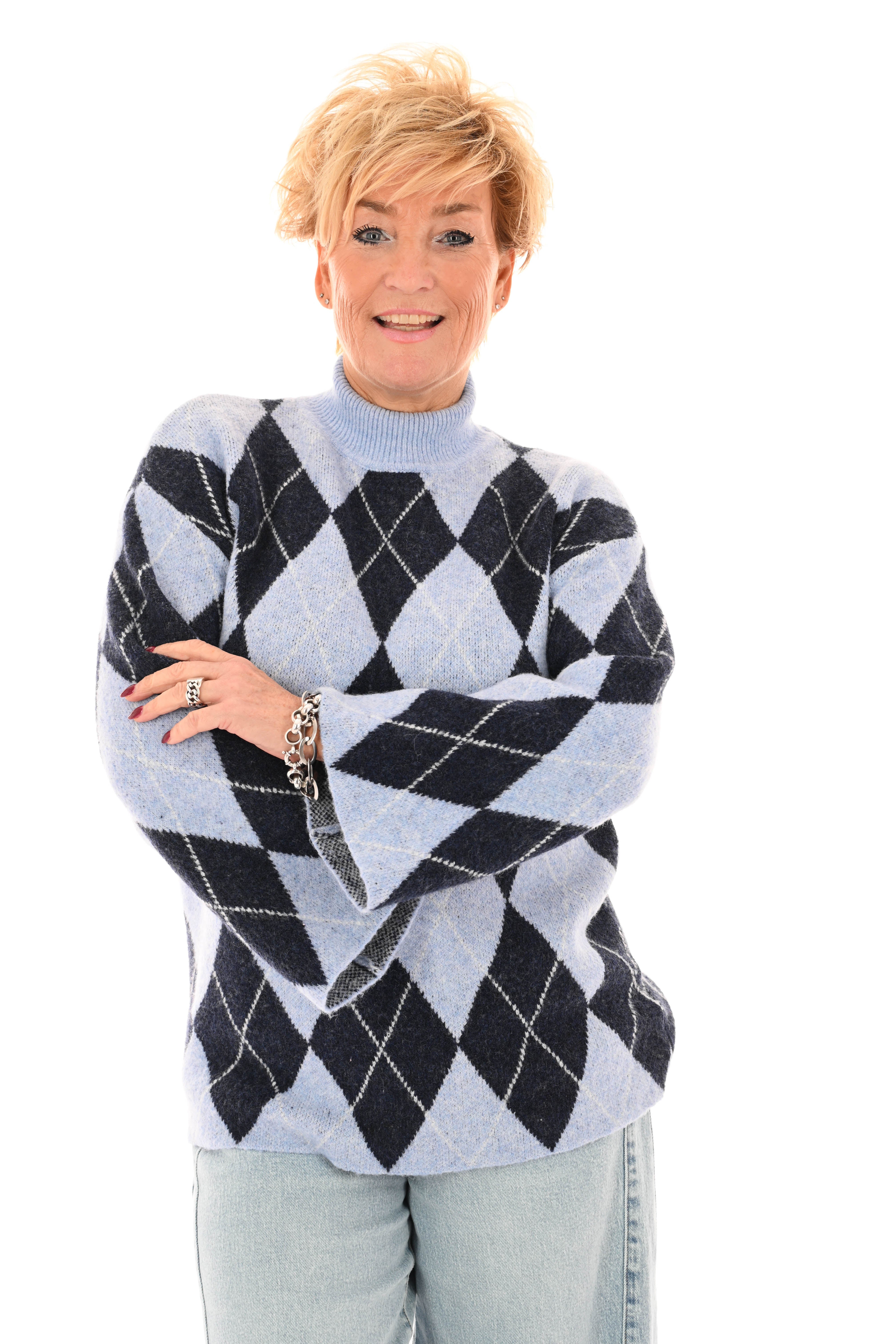 Gebreide trui ruit turtle neck blauw