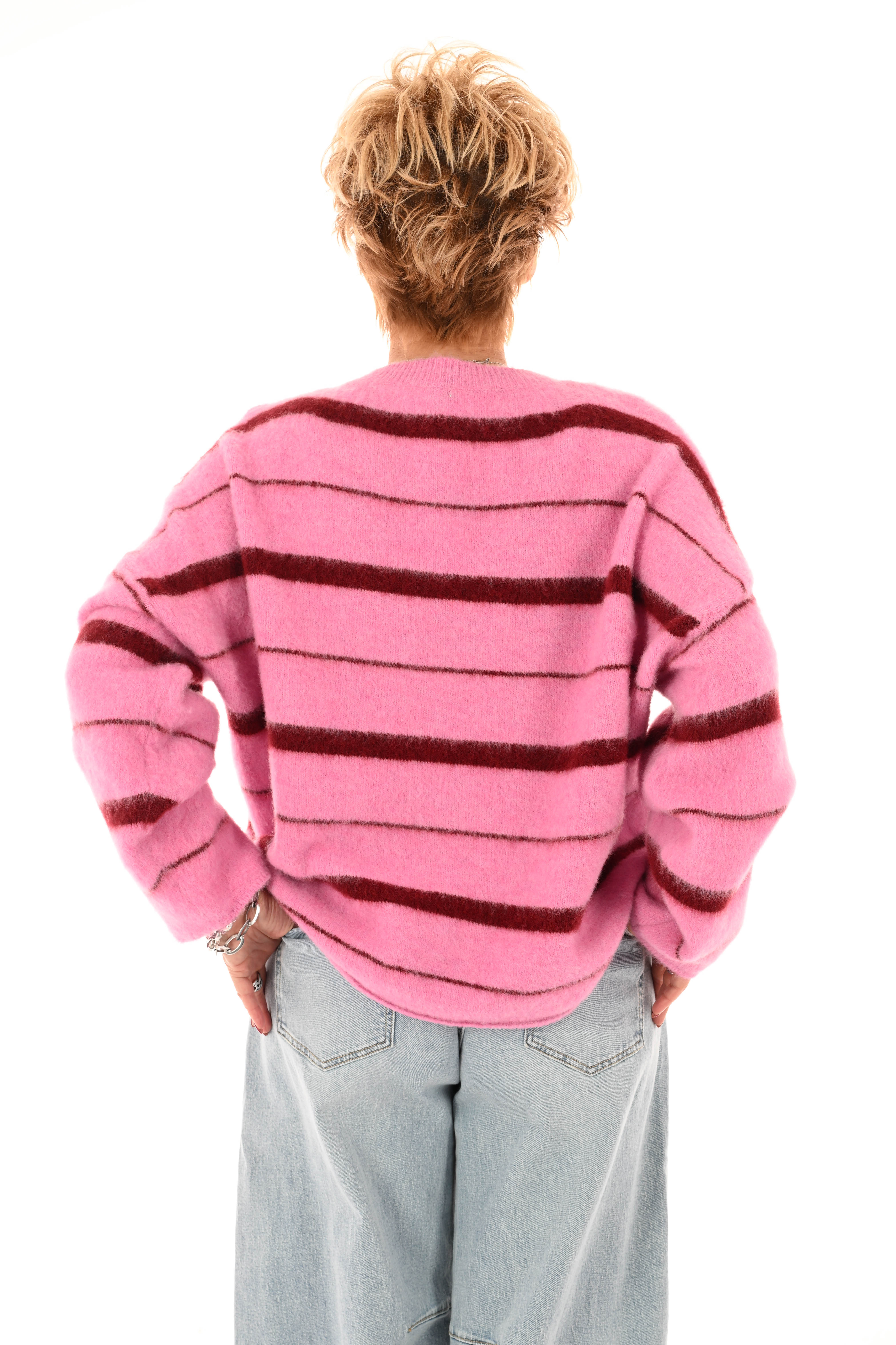 Zacht gebreide trui mix strepen roze/bordeaux
