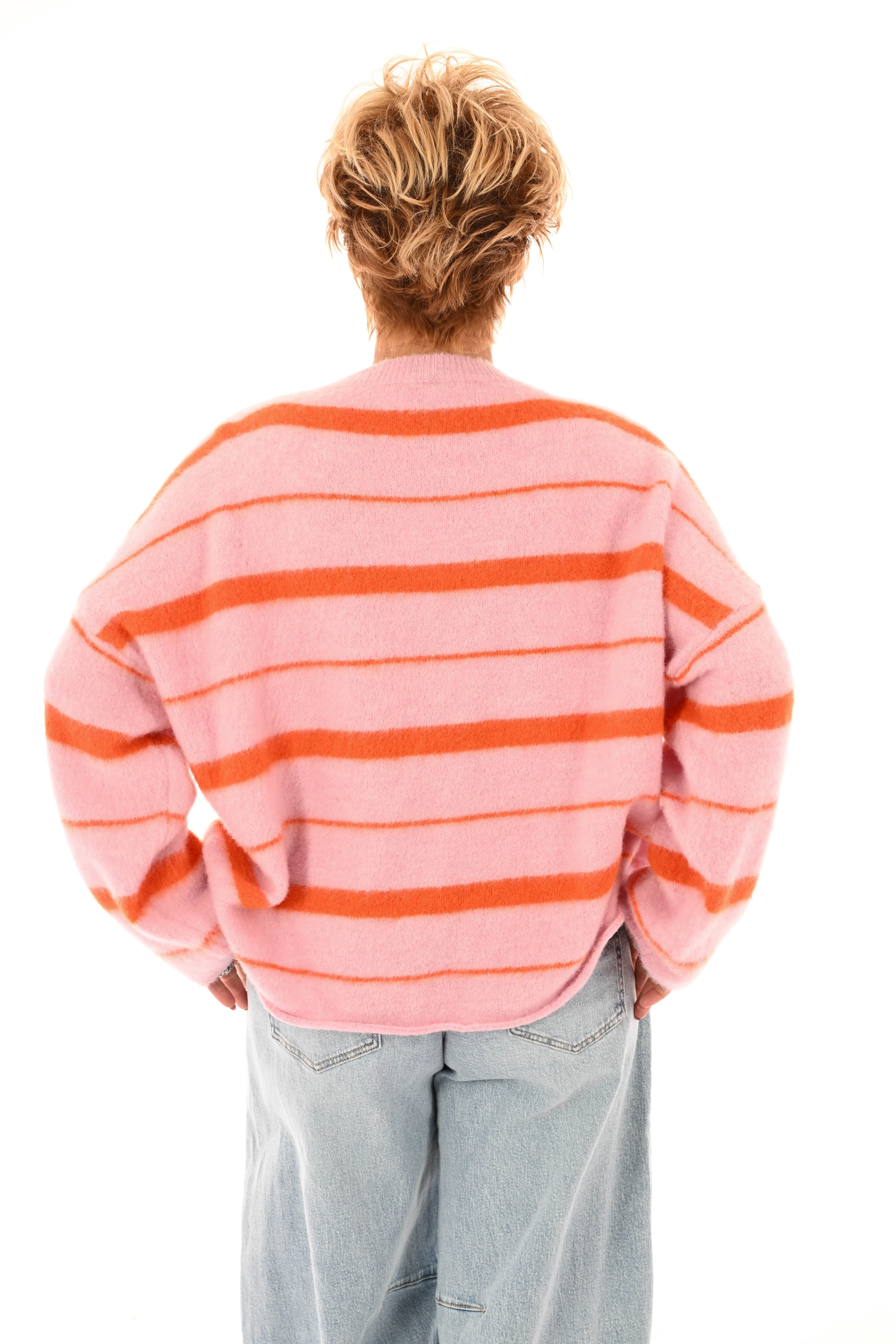 Zacht gebreide trui mix strepen lichtroze/oranje