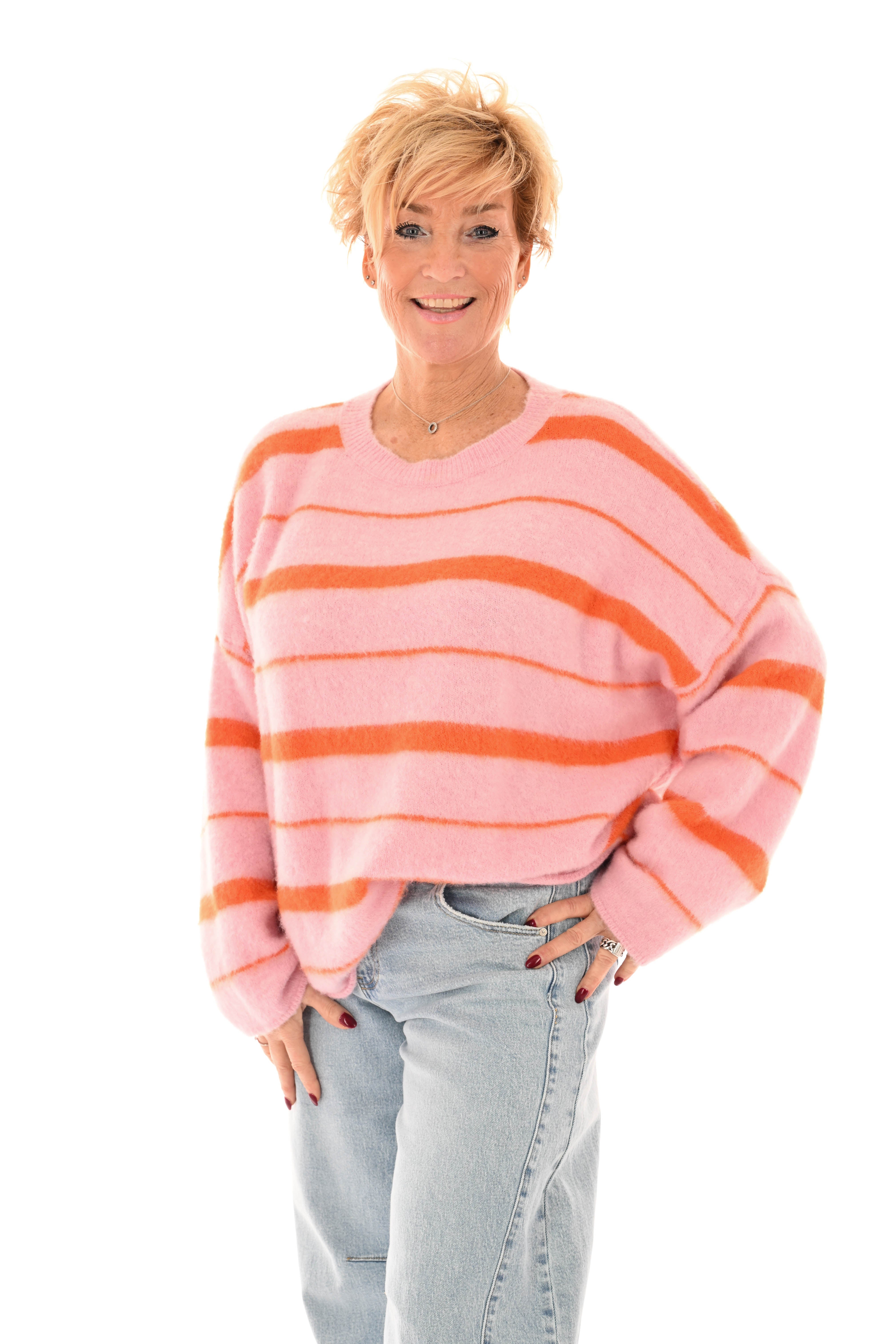 Zacht gebreide trui mix strepen lichtroze/oranje