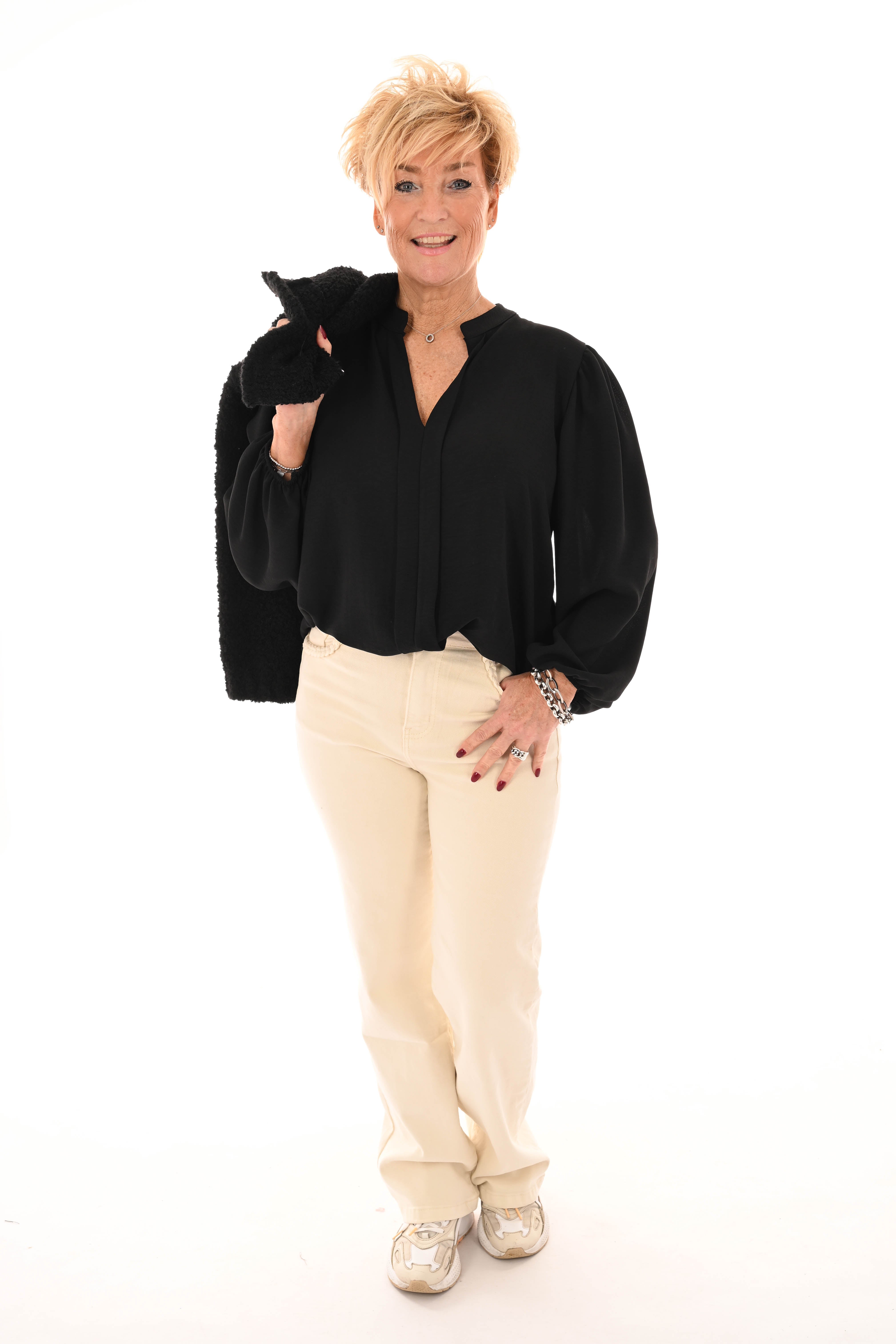 Top lange mouwen v-hals uni zwart