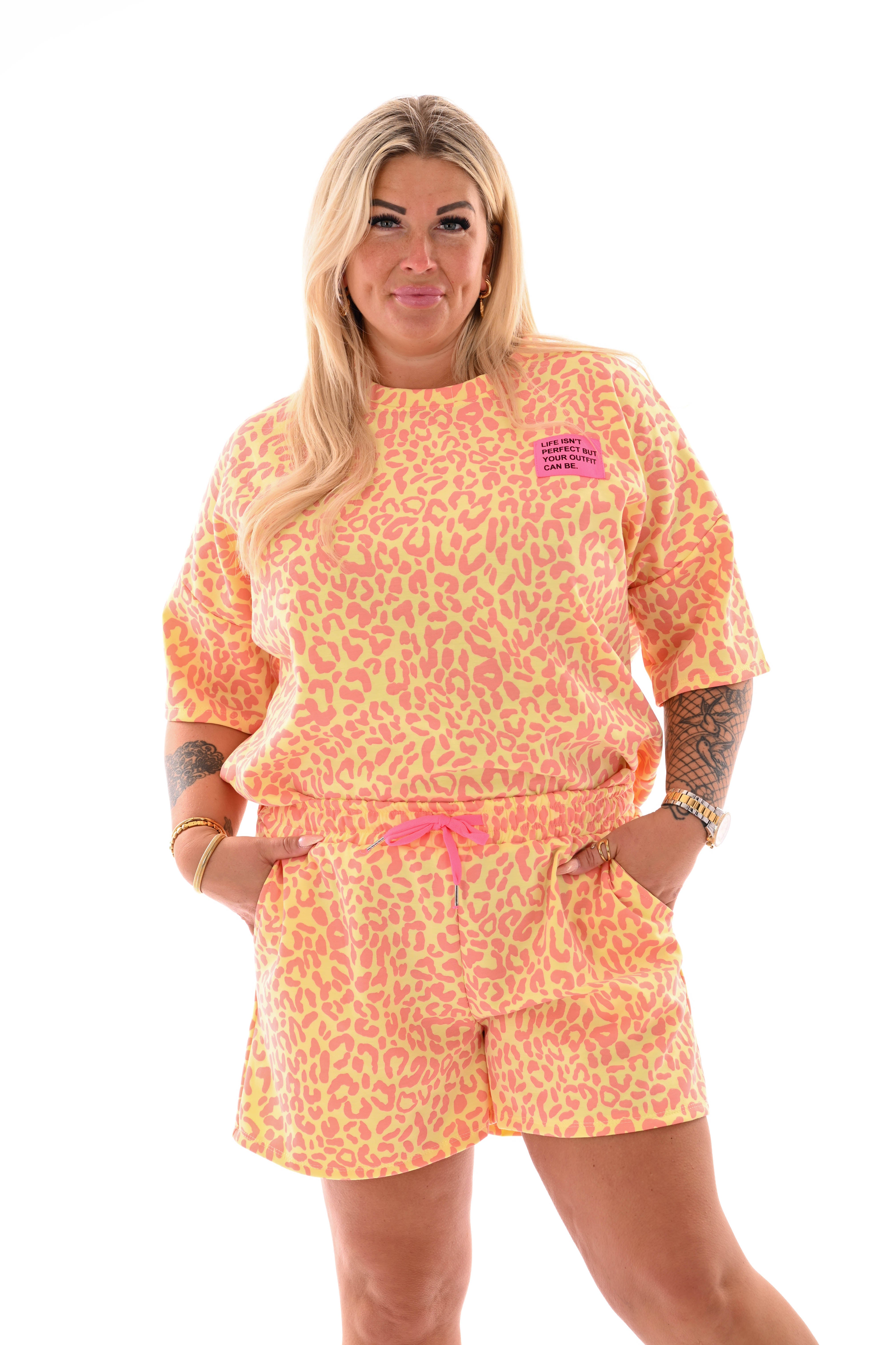 Twinset panterprint met applicatie peach/geel
