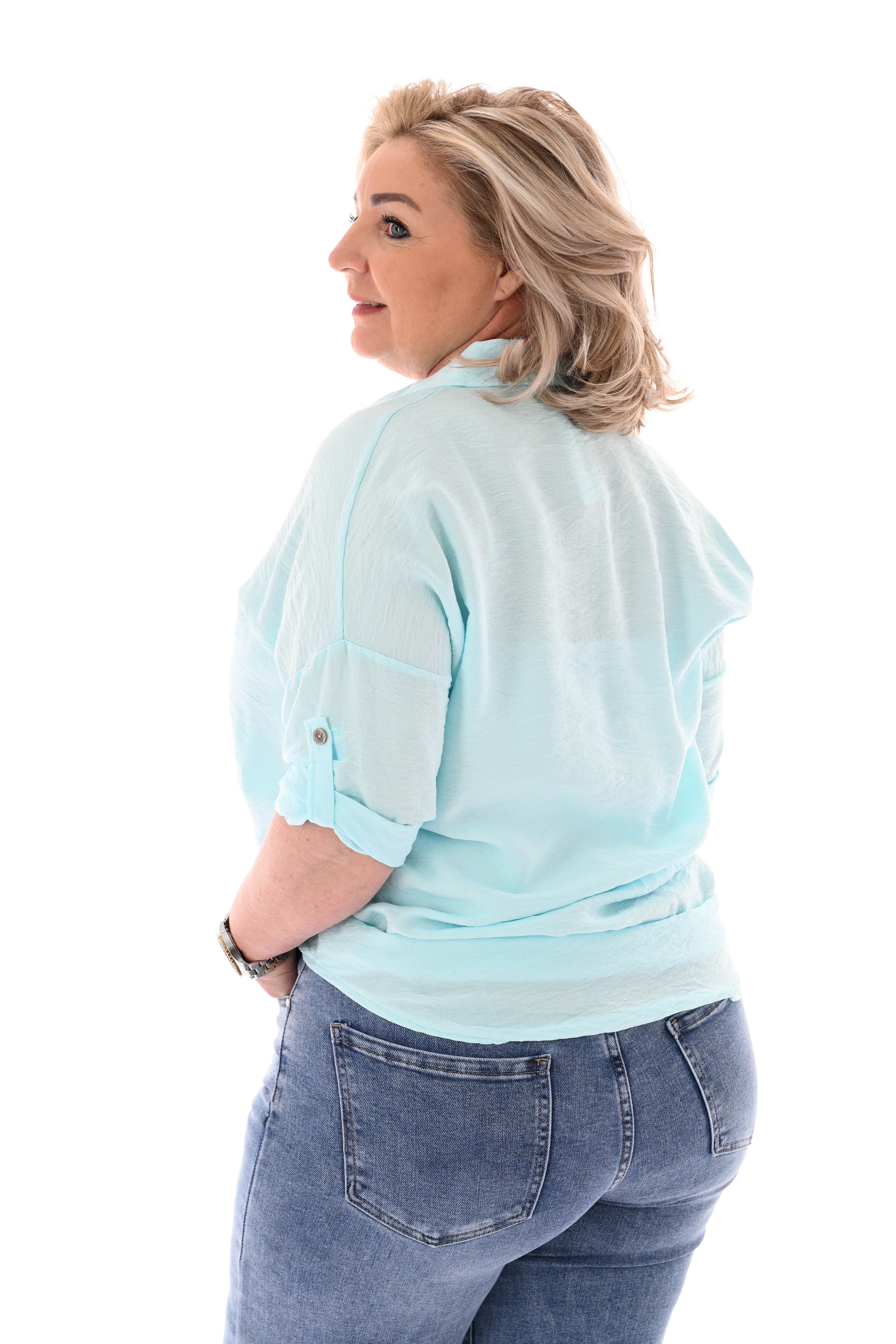 Blouse ophaalmouwen uni lichtblauw