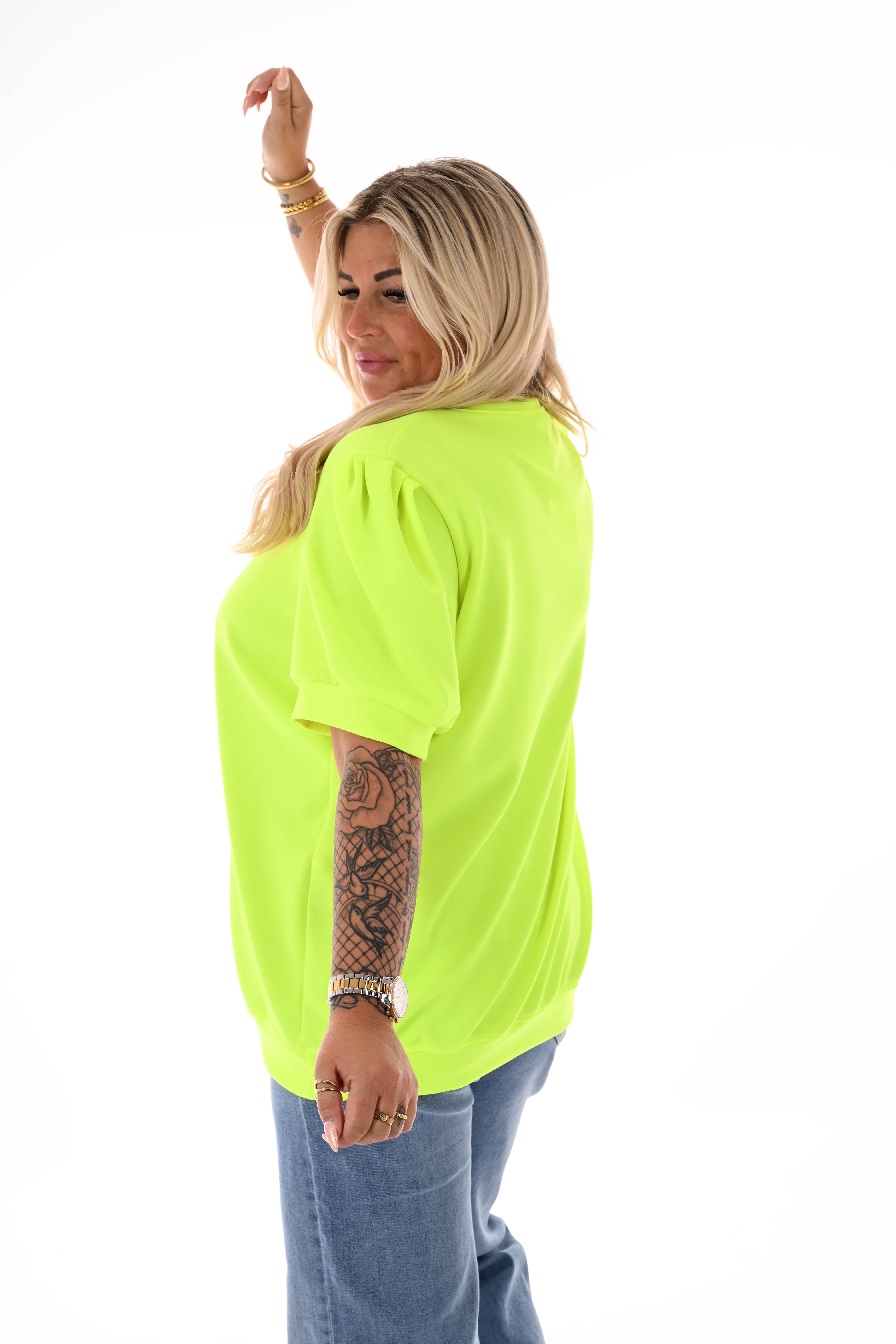 Sweater korte pofmouwen neongeel