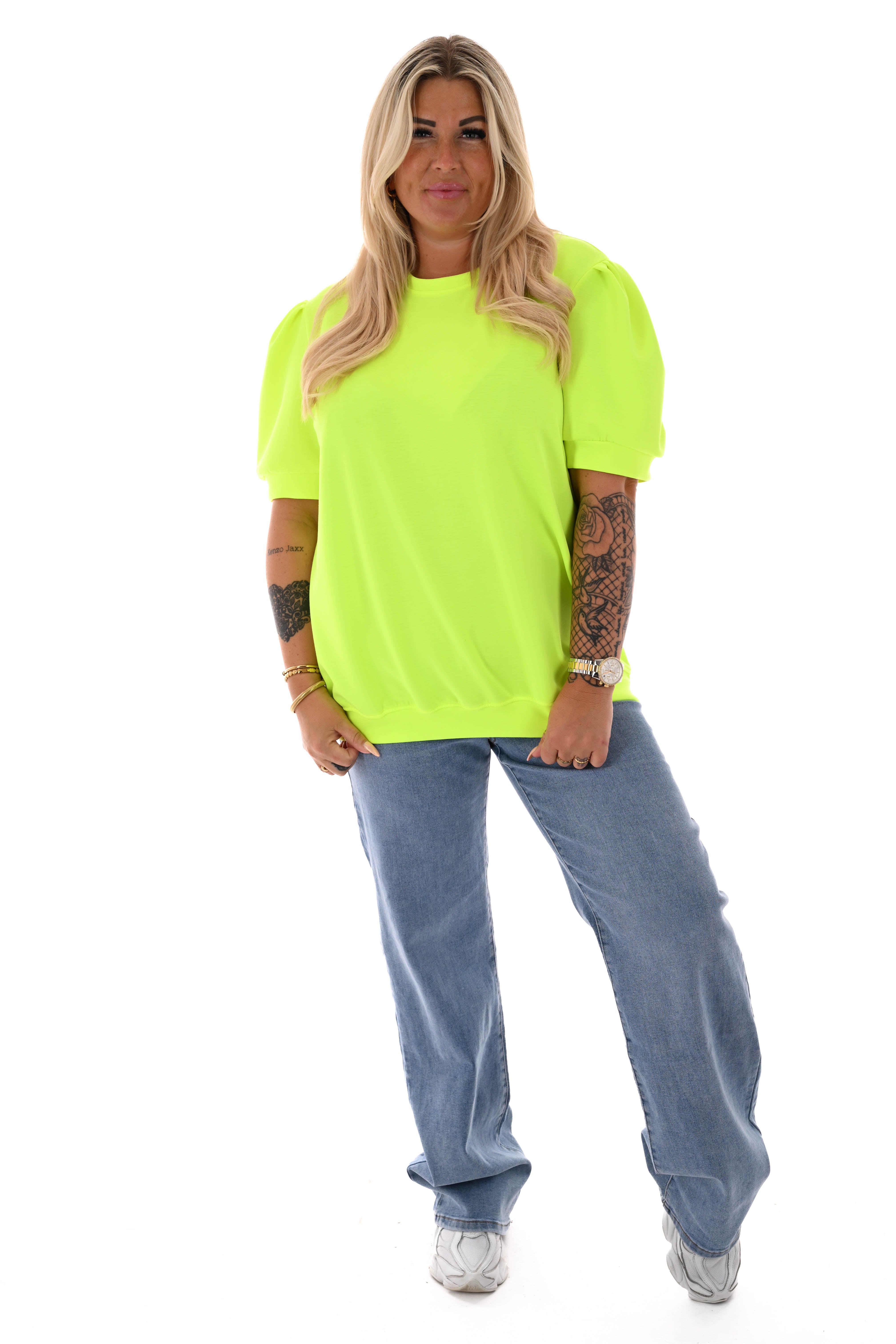 Sweater korte pofmouwen neongeel