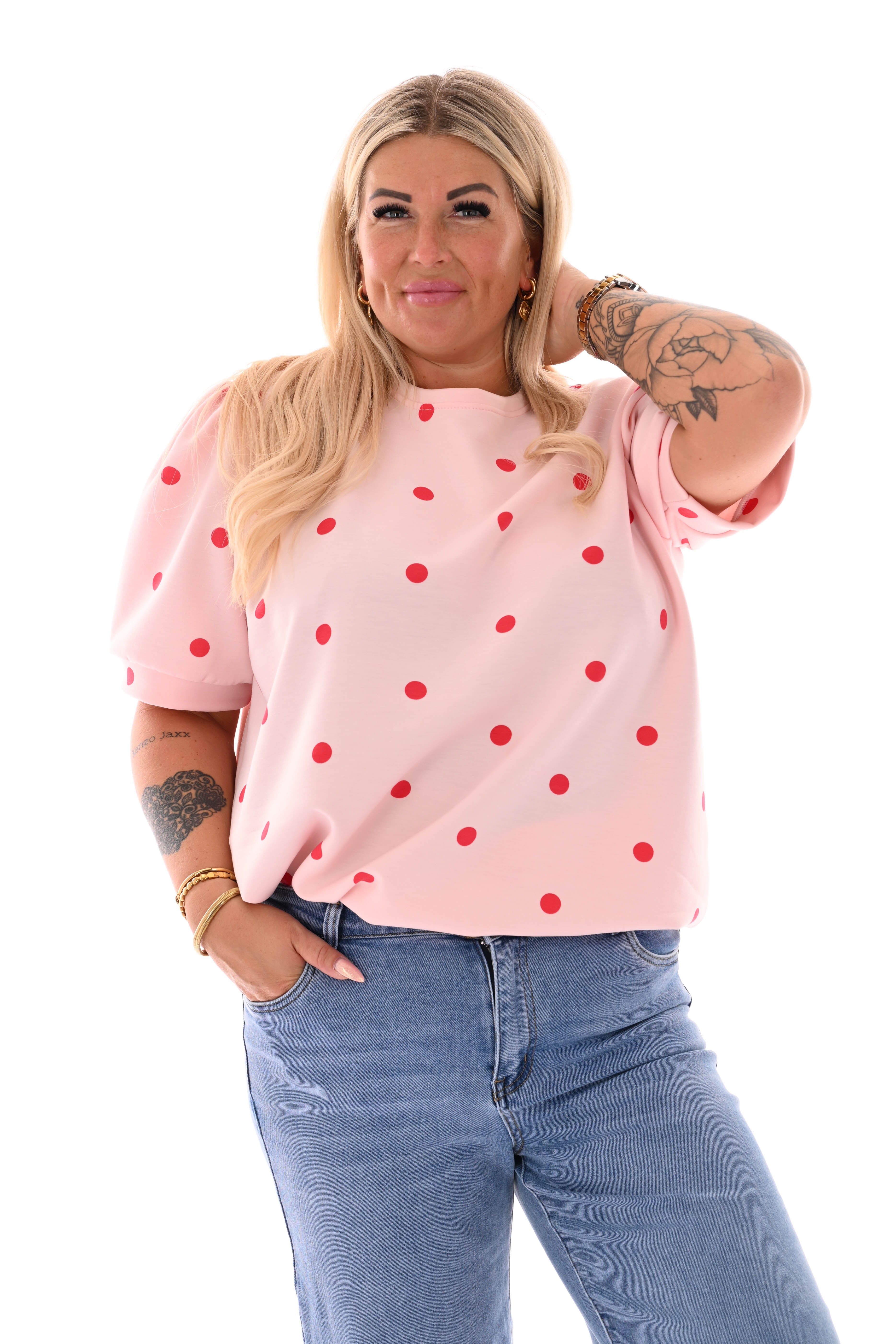 Sweater korte pofmouwen dots lichtroze