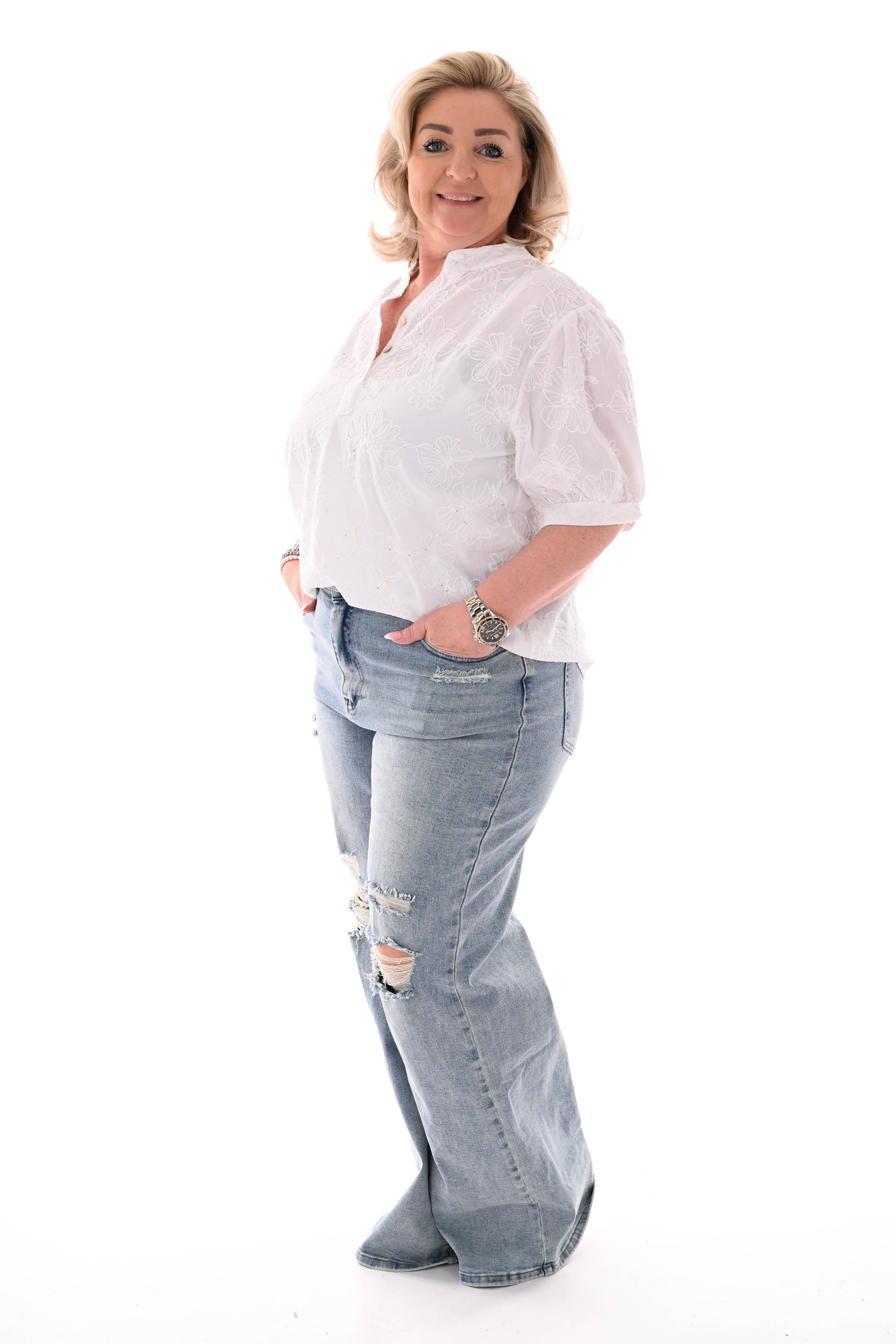 Blouse korte mouwen bloemen roomwit