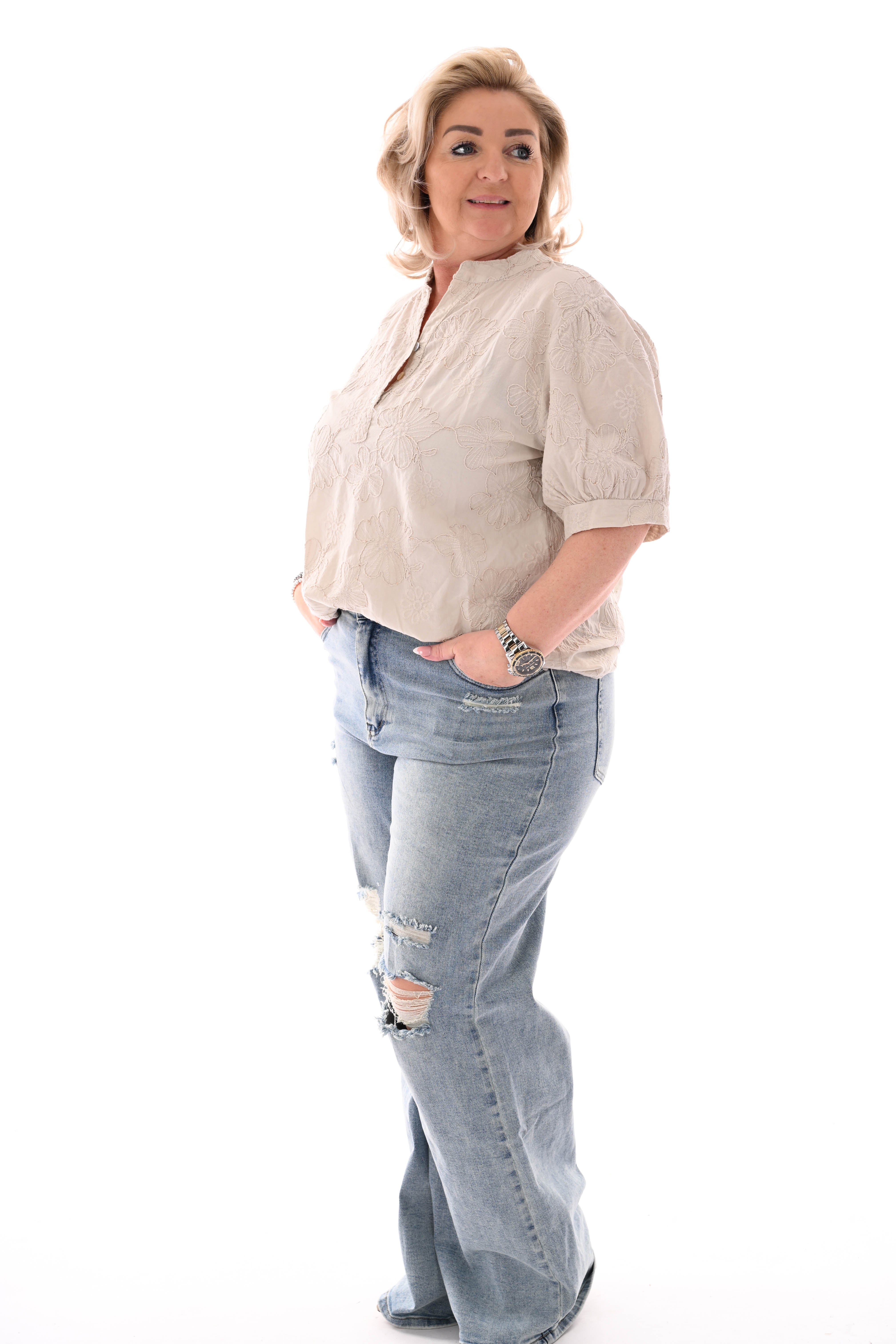 Blouse korte mouwen bloemen beige