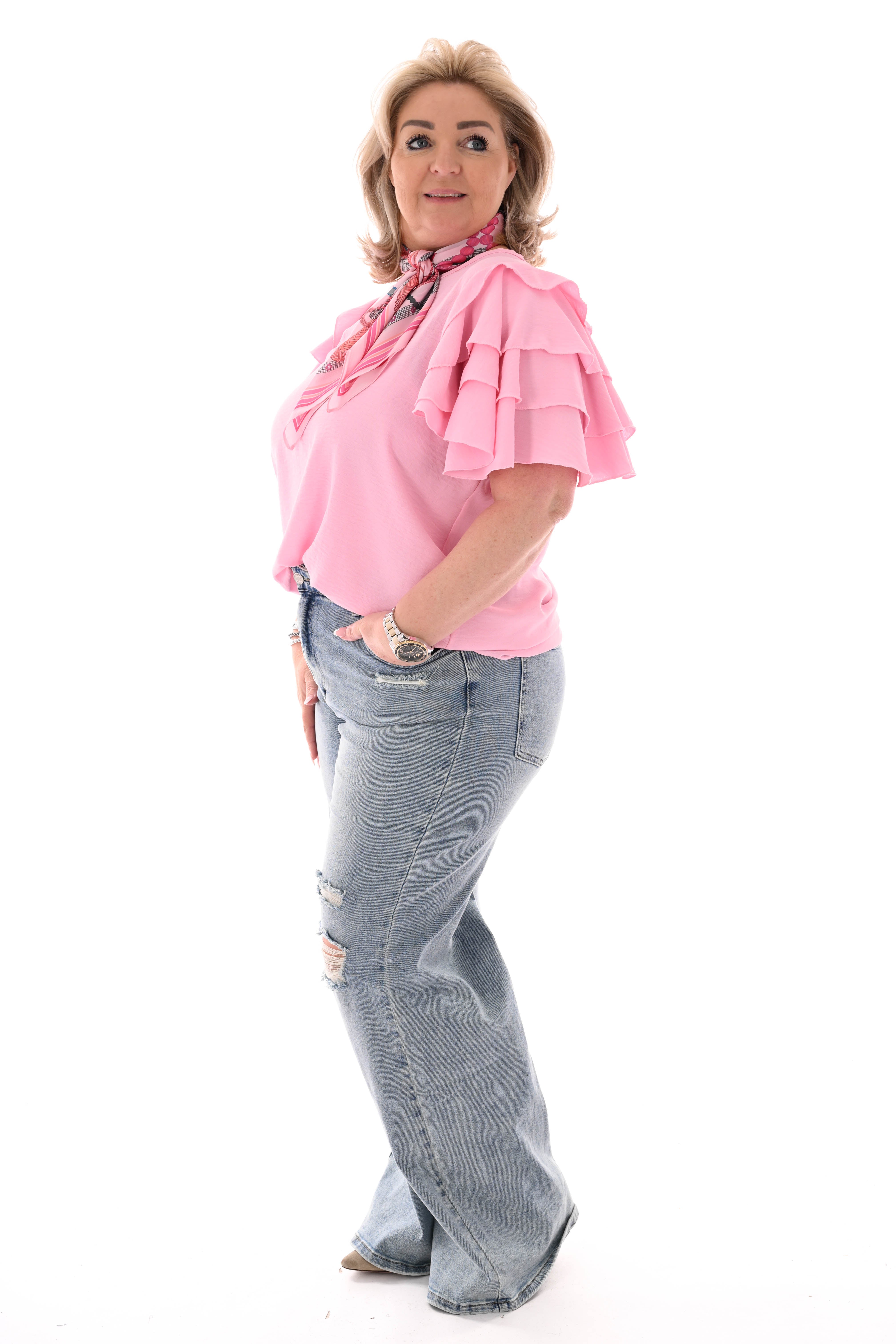 Top korte roezelmouwen uni lichtroze