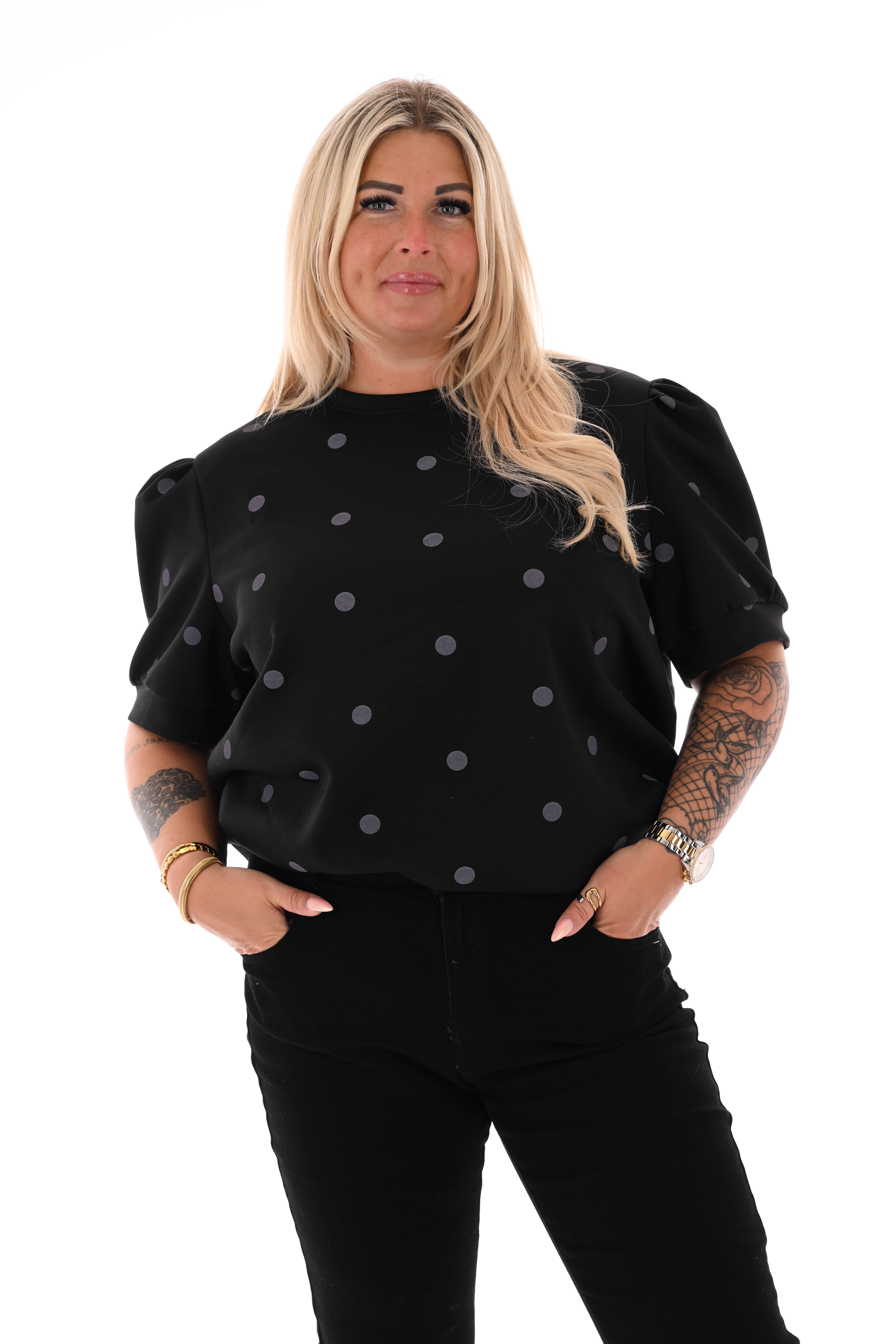Sweater korte pofmouwen dots zwart