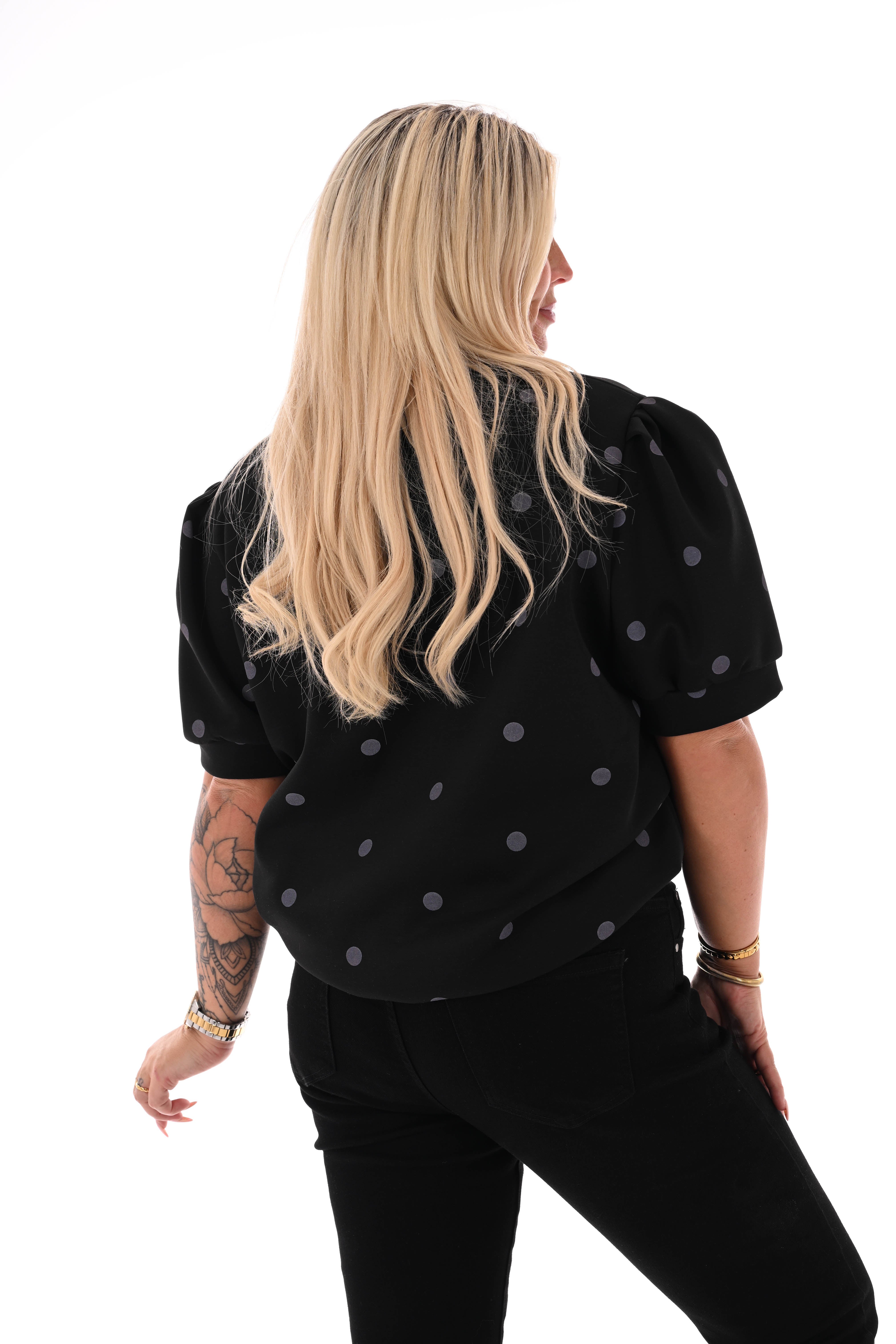 Sweater korte pofmouwen dots zwart