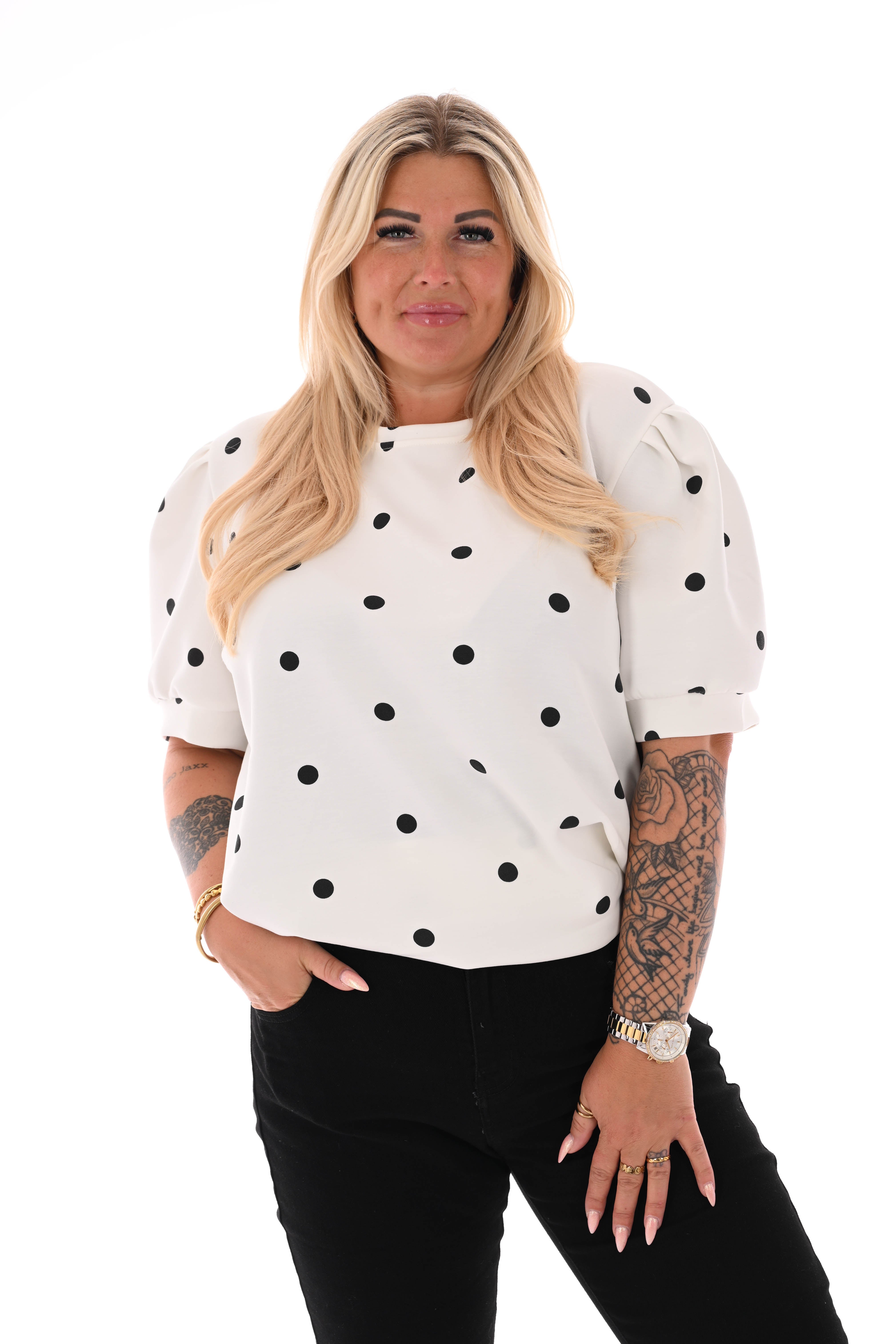 Sweater korte pofmouwen dots roomwit