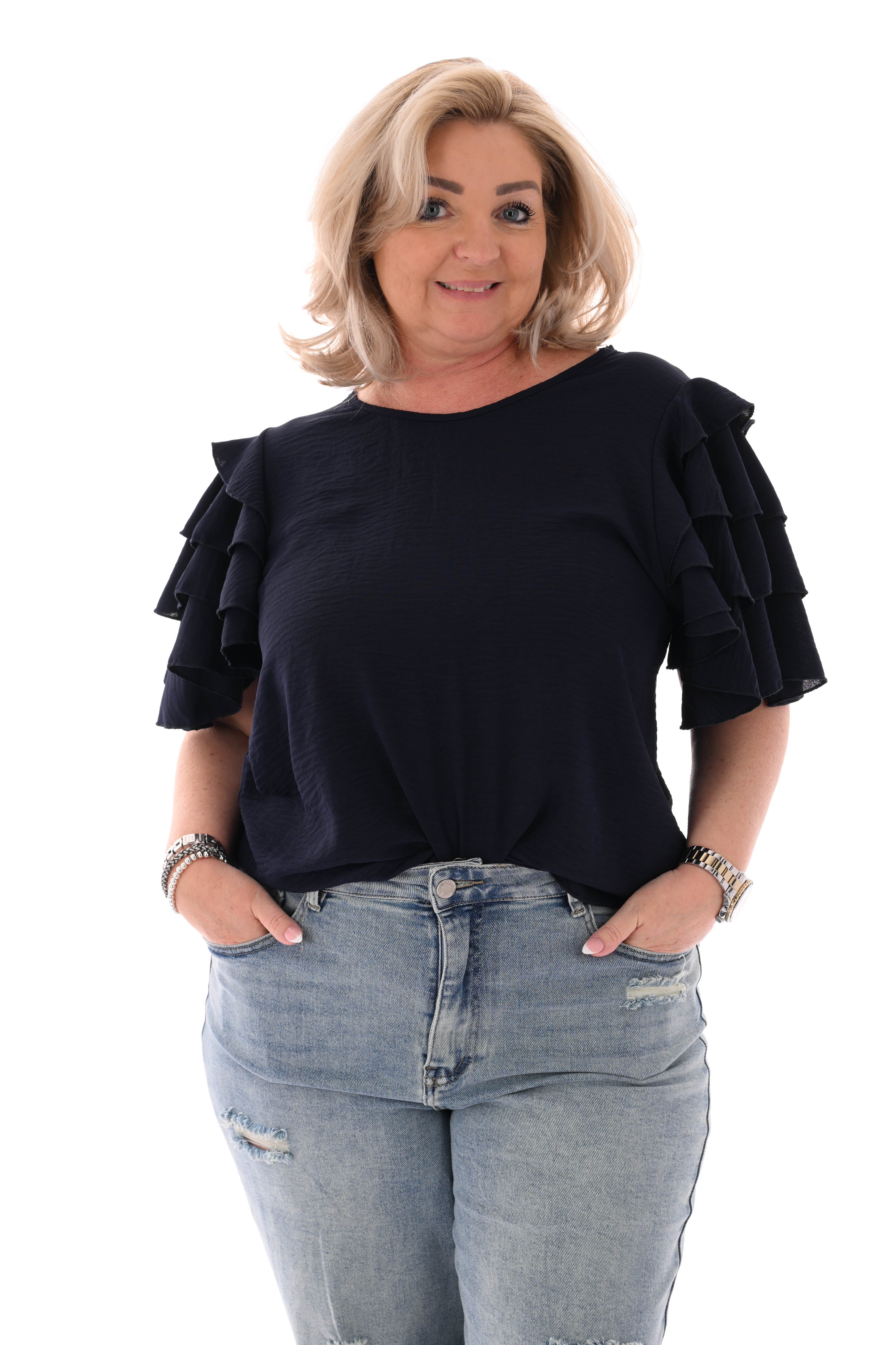 Top korte roezelmouwen uni marineblauw