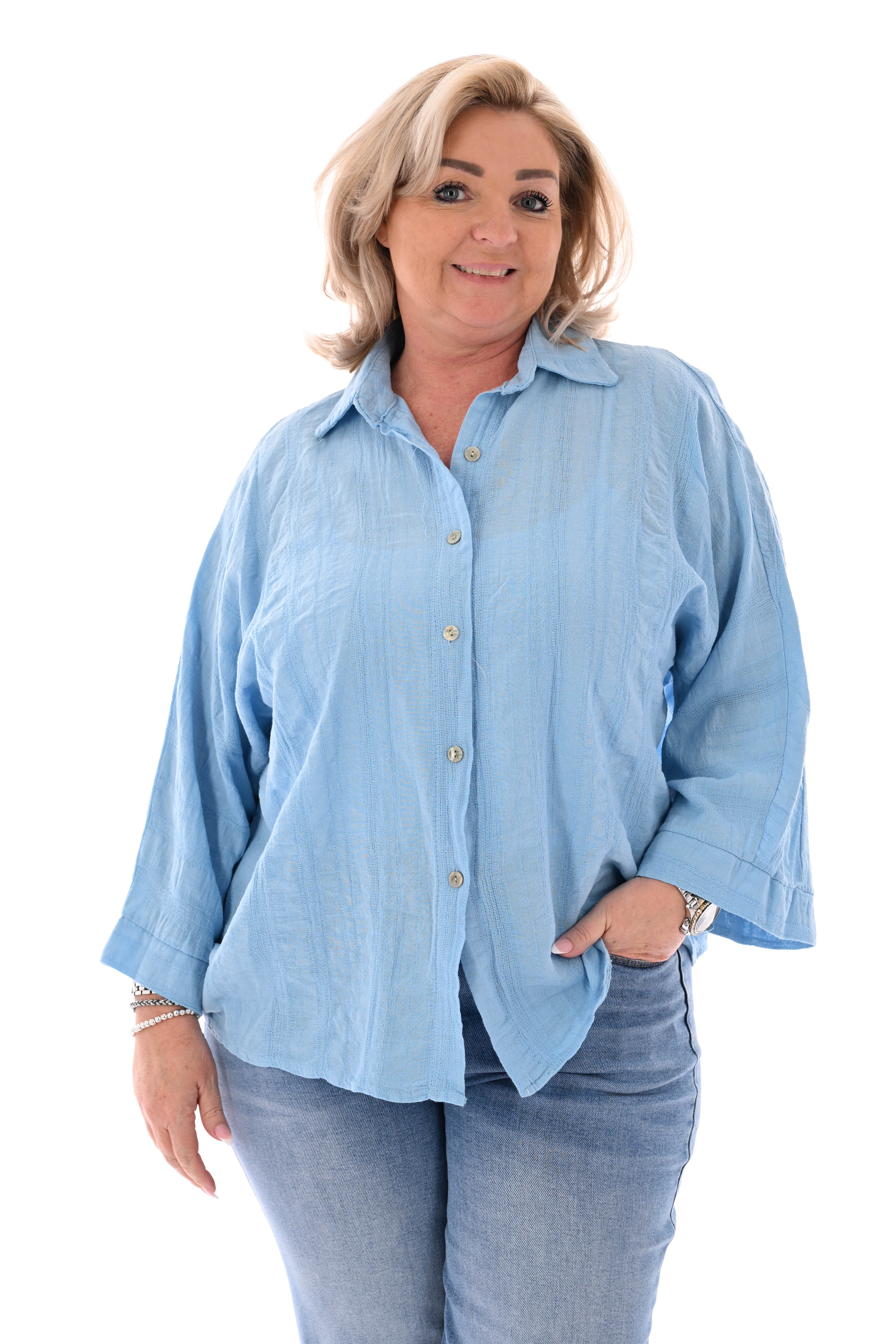 Blouse 3/4e mouwen uni lichtblauw