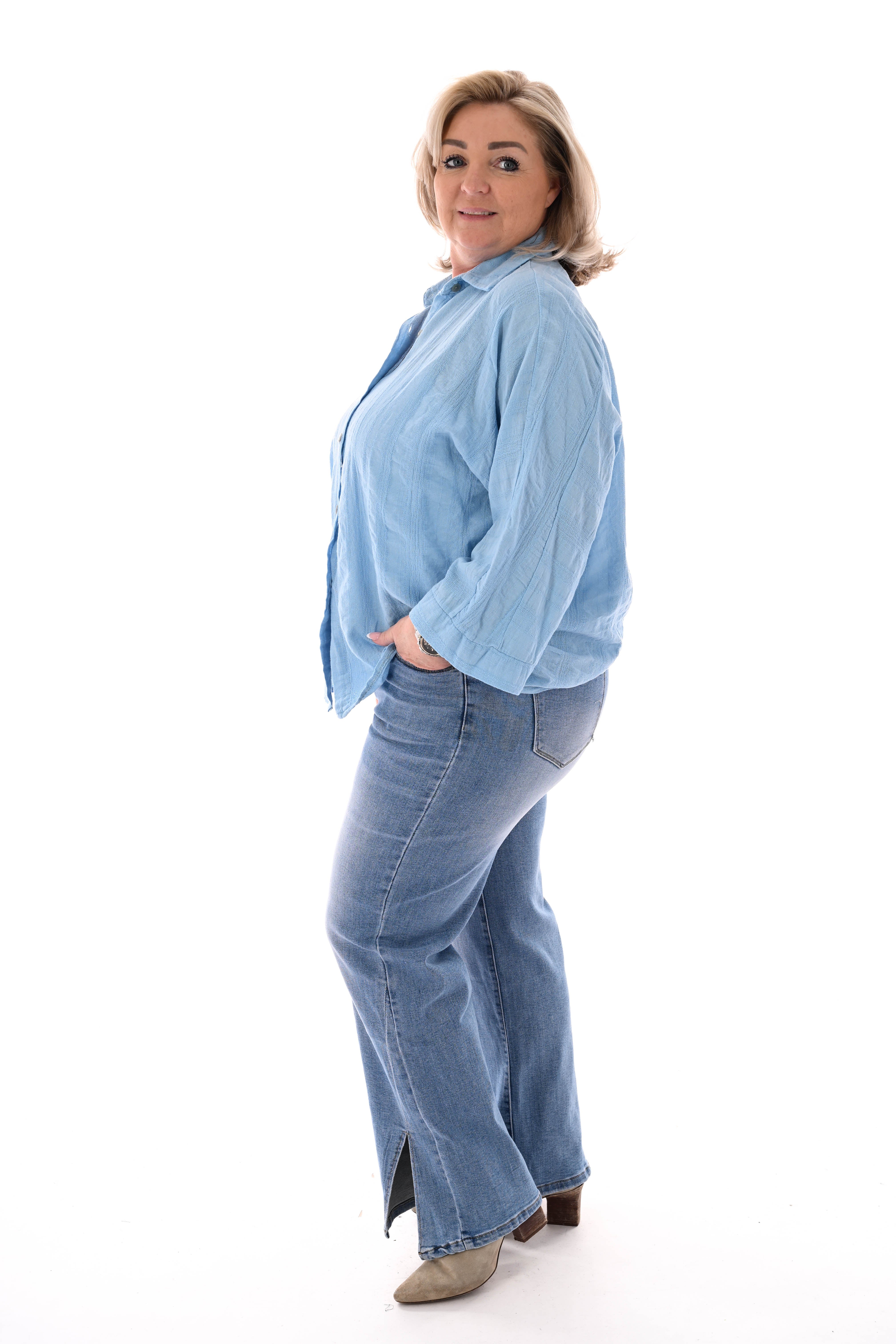 Blouse 3/4e mouwen uni lichtblauw