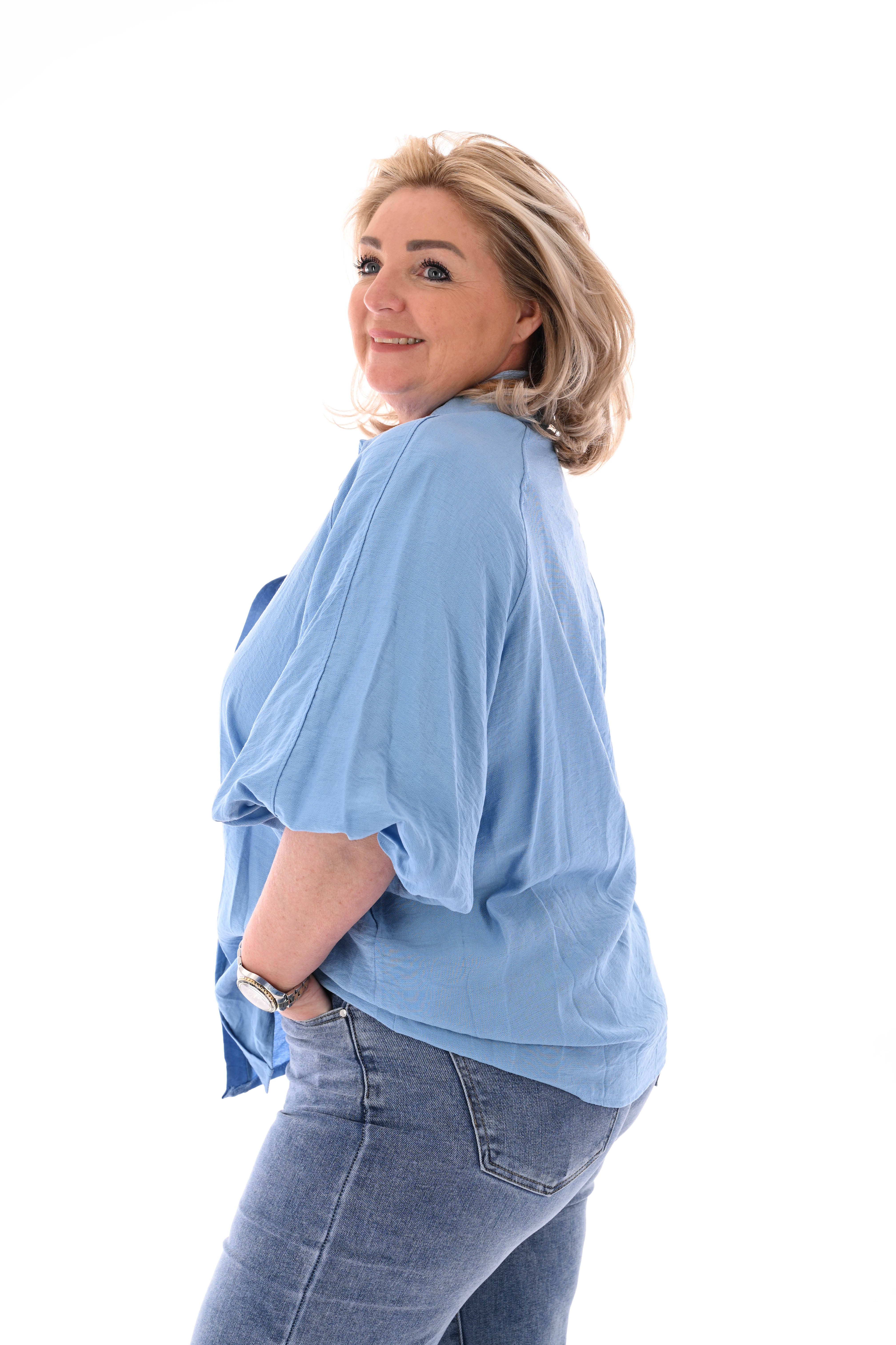 Doorknoop blouse kraag korte pofmouwen jeansblauw