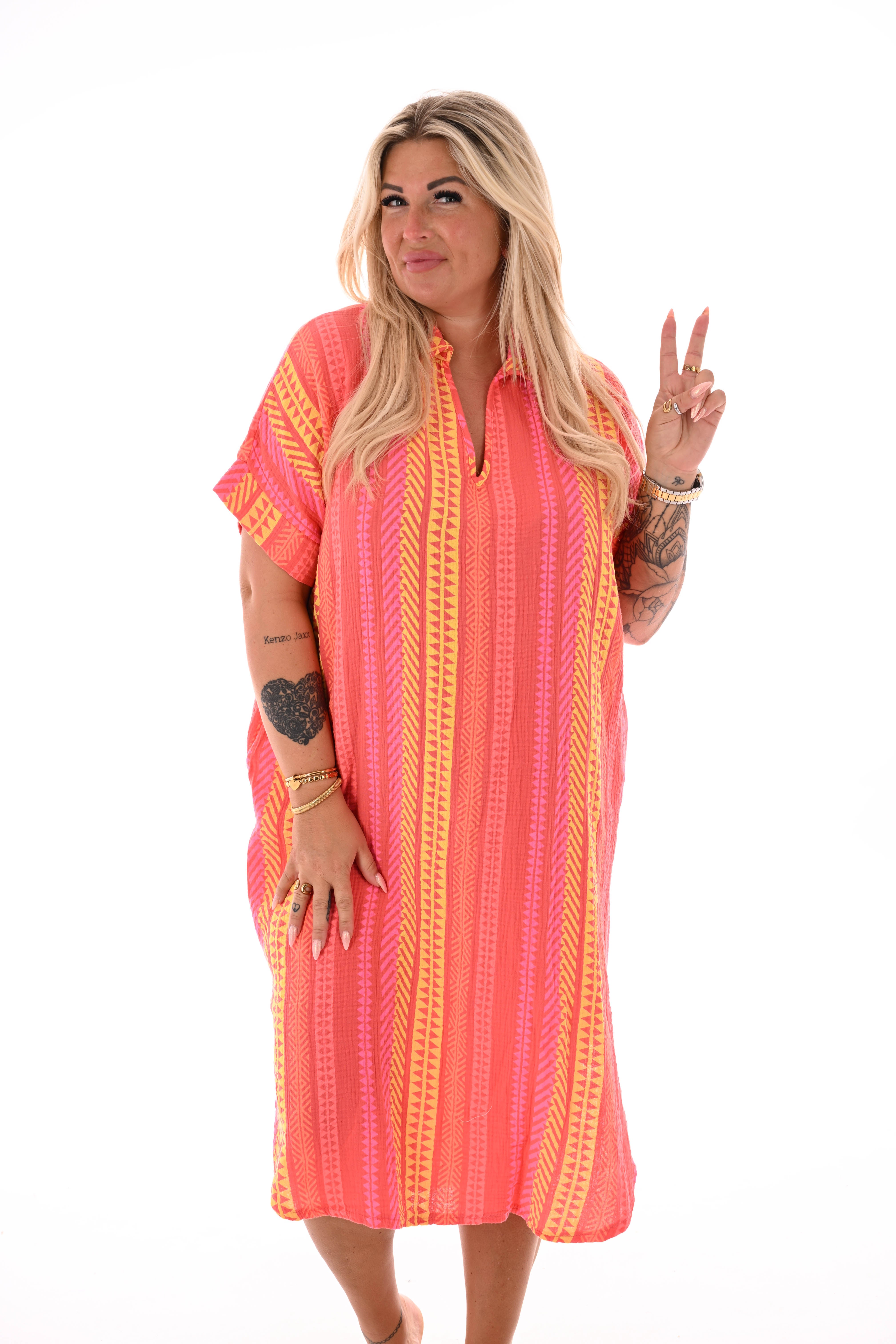 Wafel jurk v-hals aztec print koraal