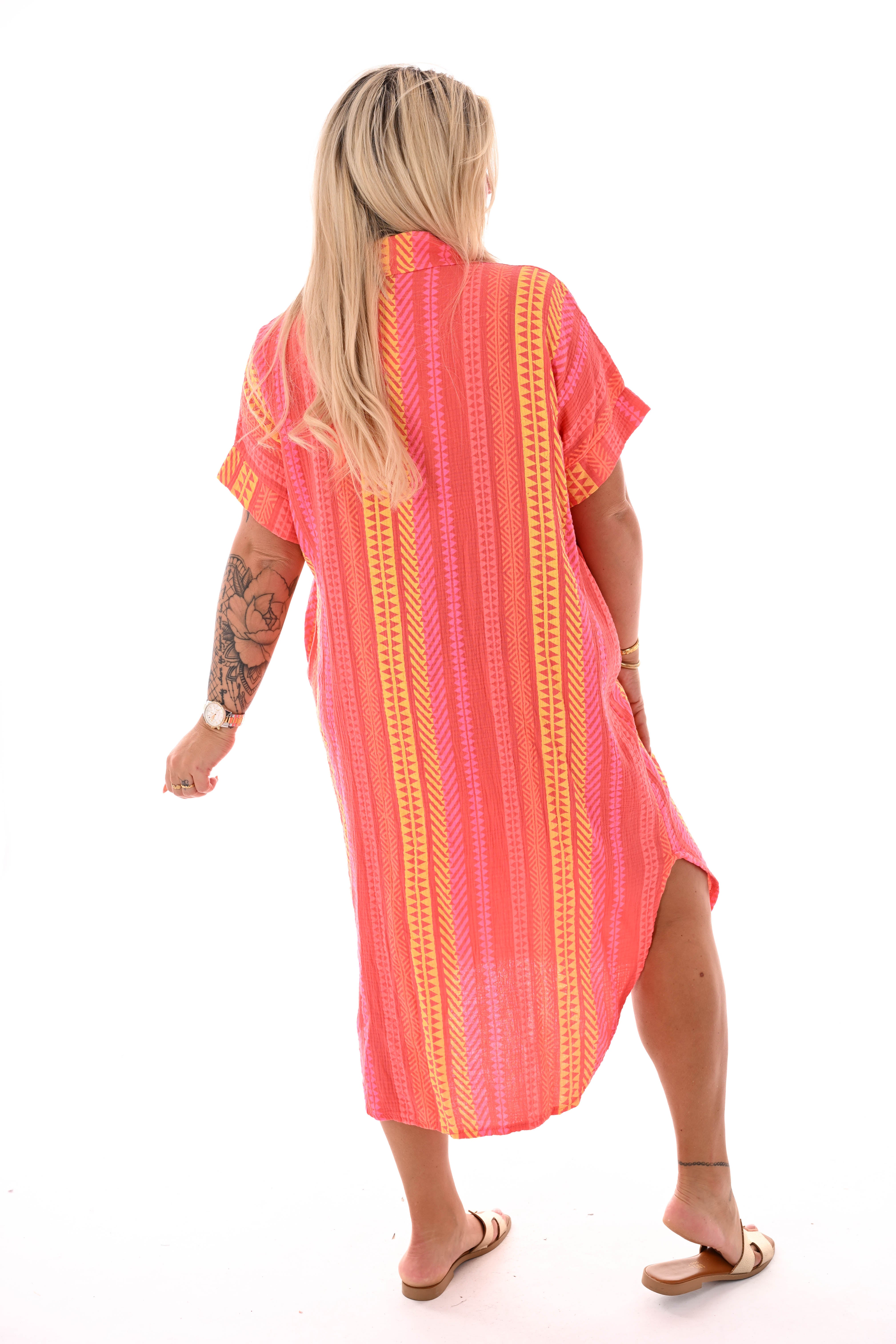 Wafel jurk v-hals aztec print koraal