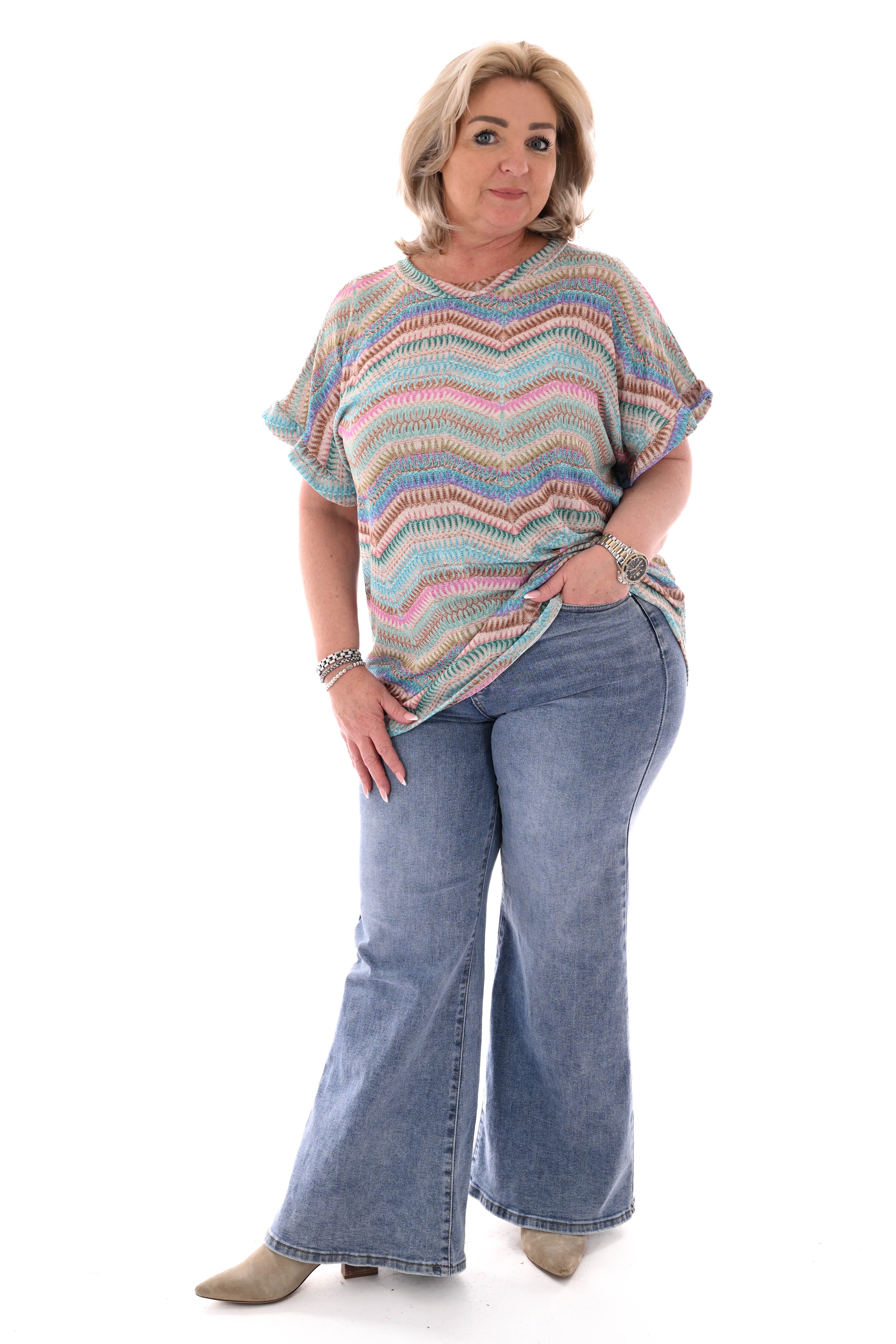 Top roezelmouwen wave turquoise