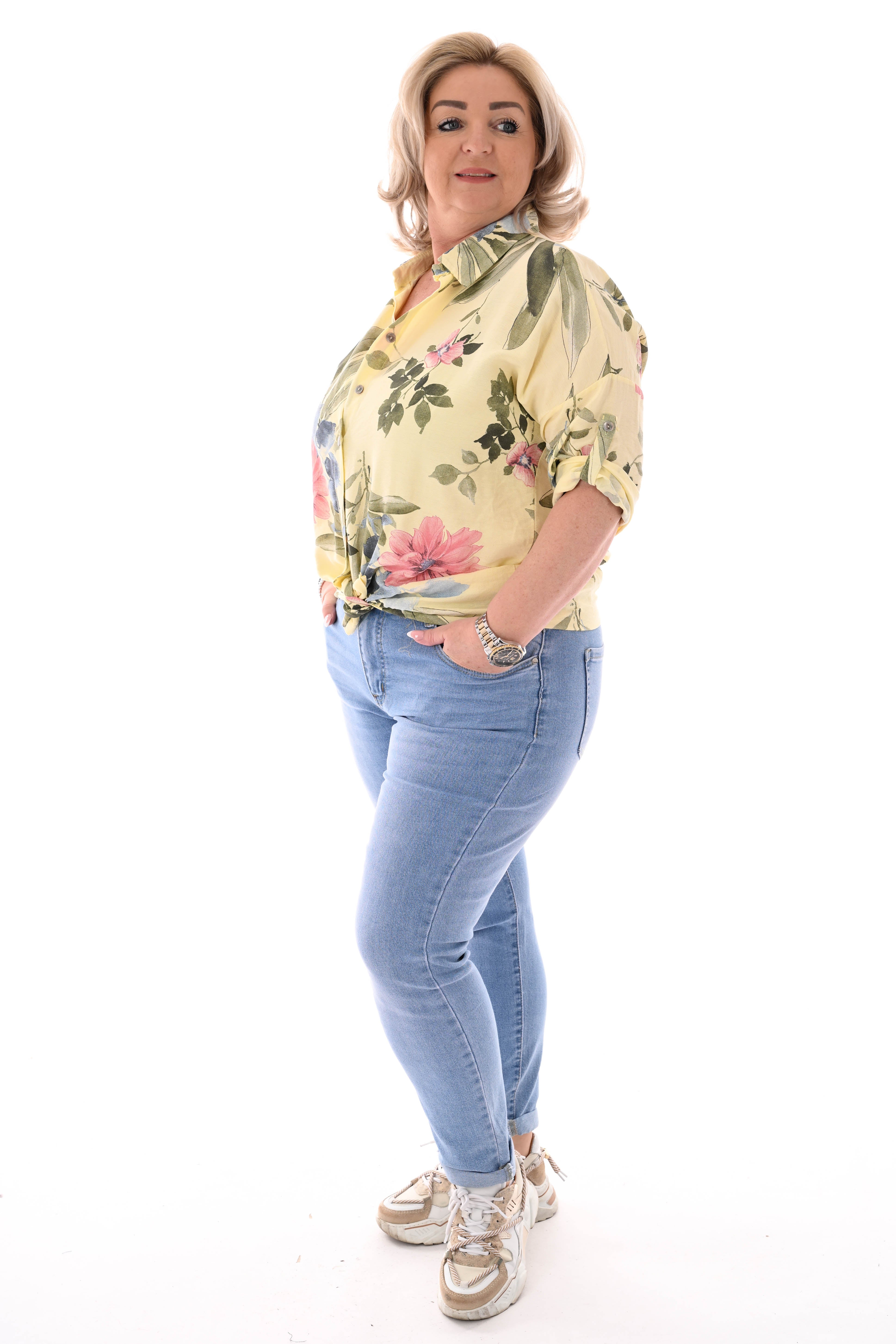 Bloemen blouse ophaalmouwen lichtgeel