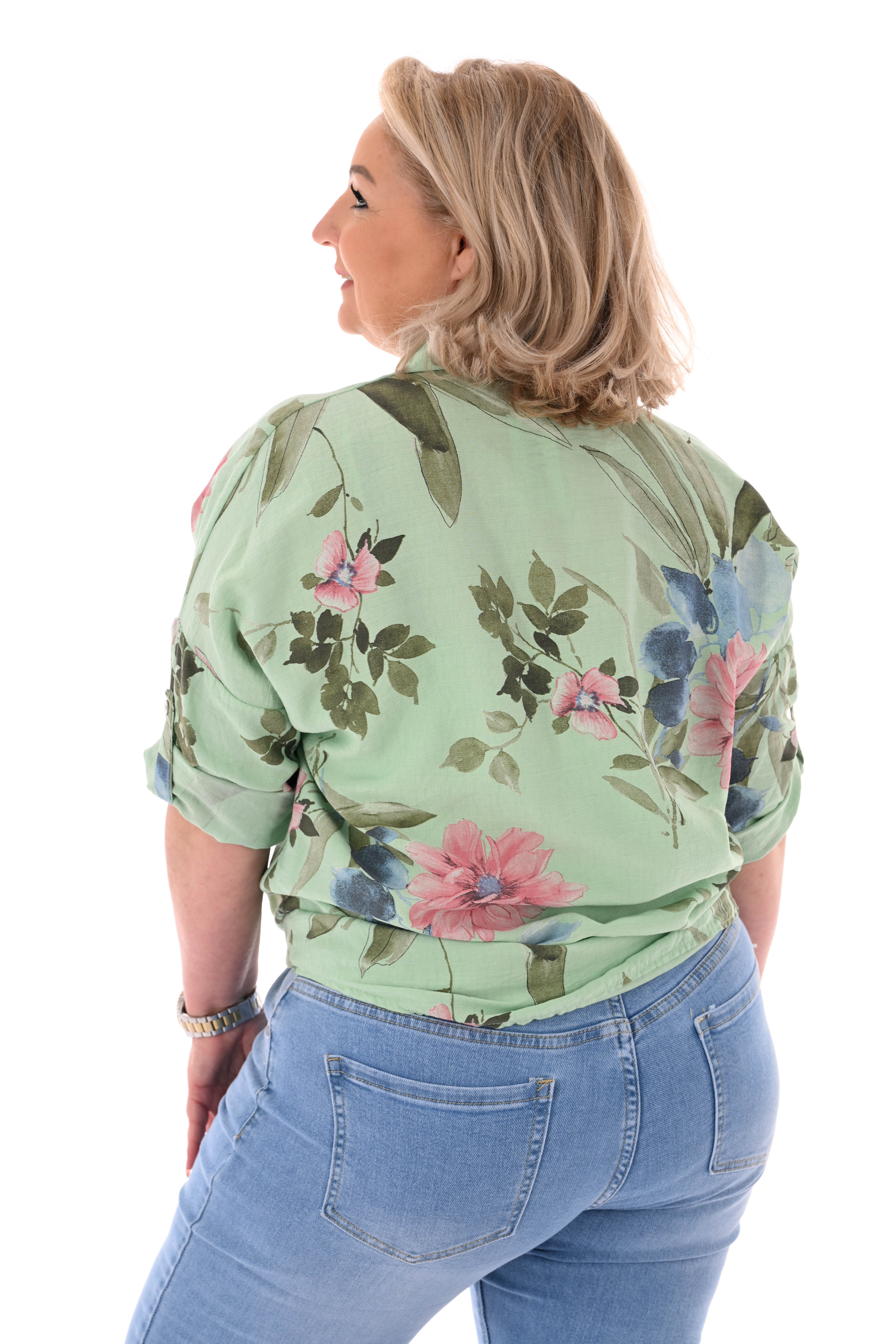 Bloemen blouse ophaalmouwen lichtgroen