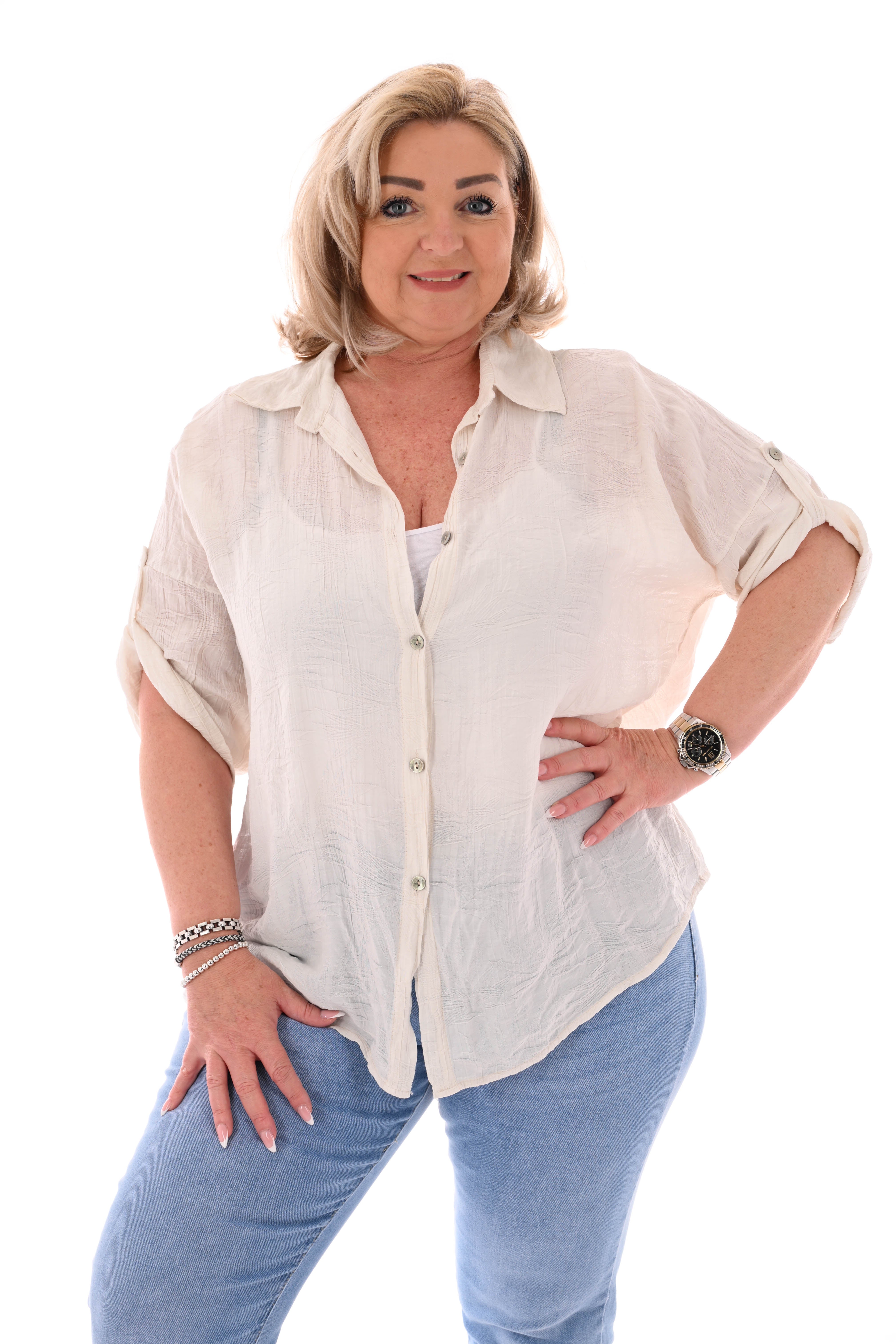 Doorknoop blouse met ophaalmouwen bloemen beige