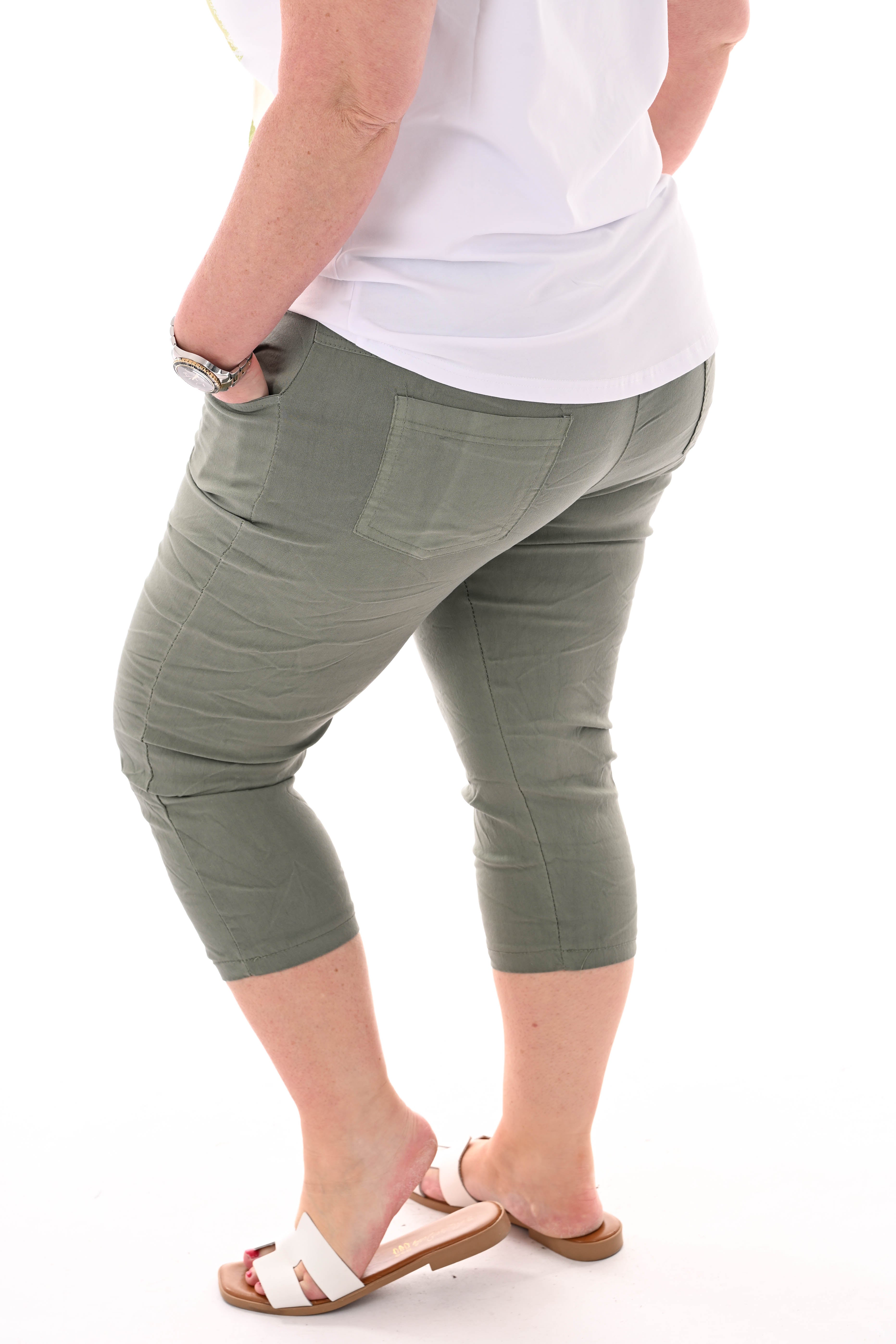 Stretchbroek capri uni legergroen