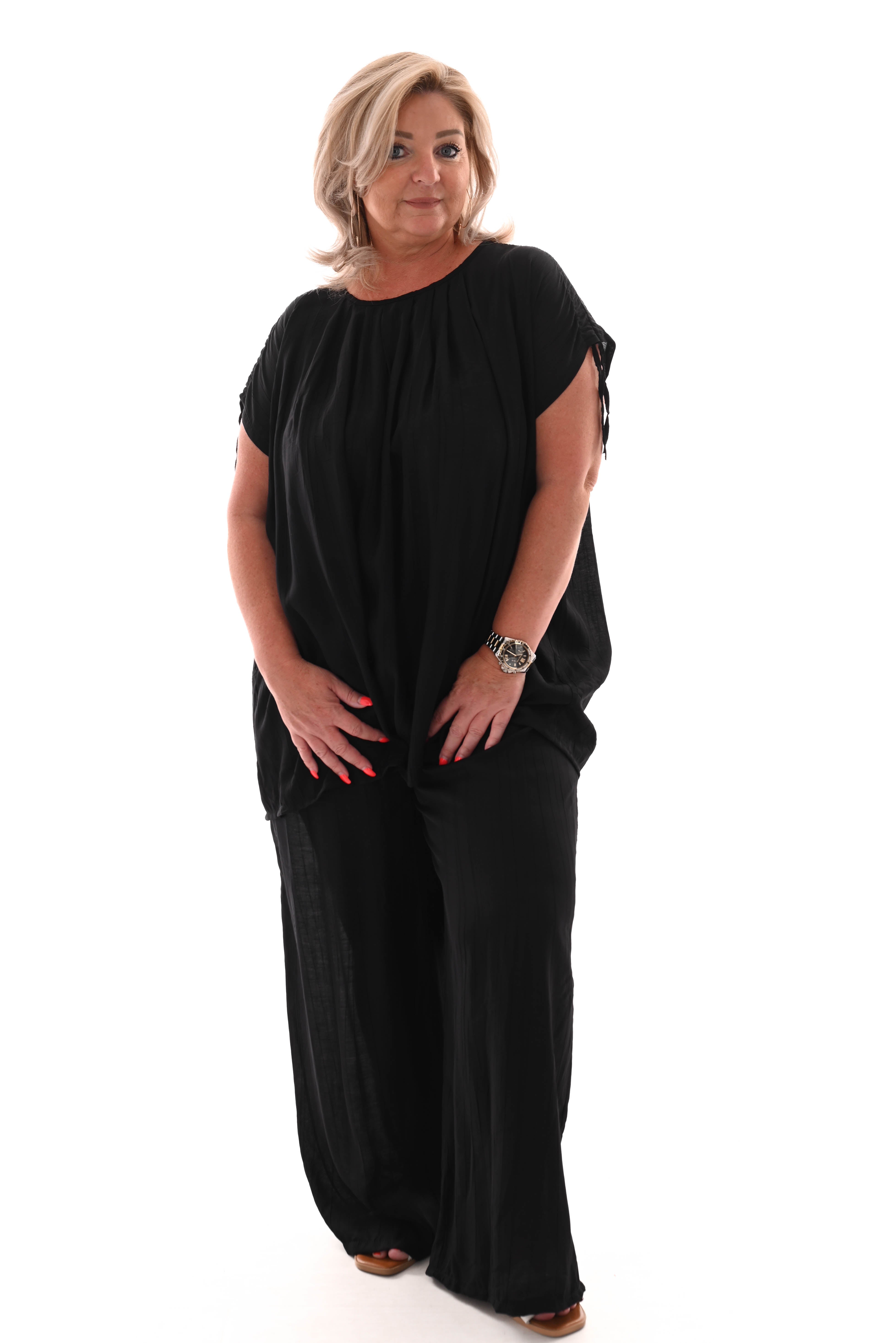 Tweedelig set crepe schouder detail zwart
