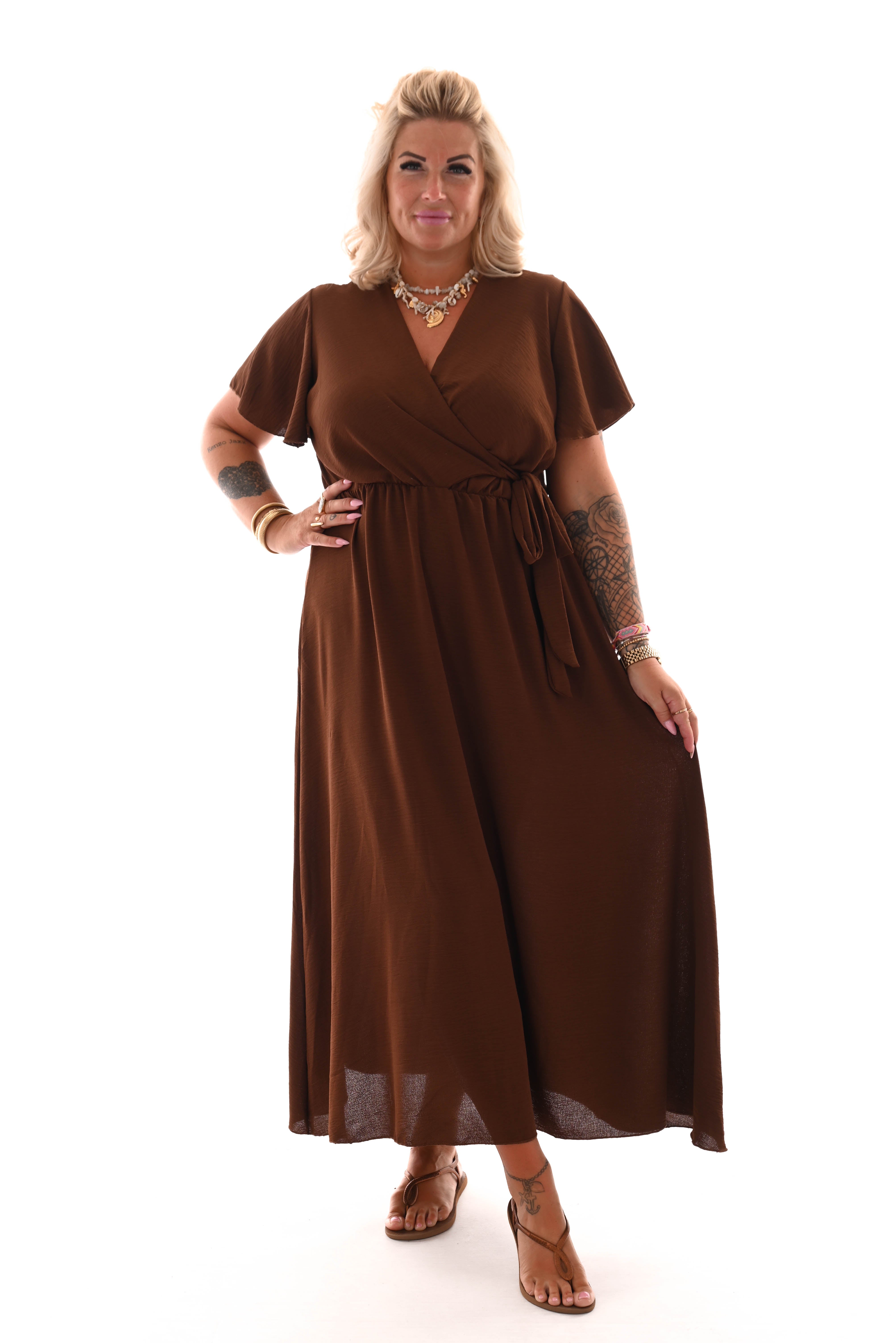 Maxi jurk met strik uni bruin