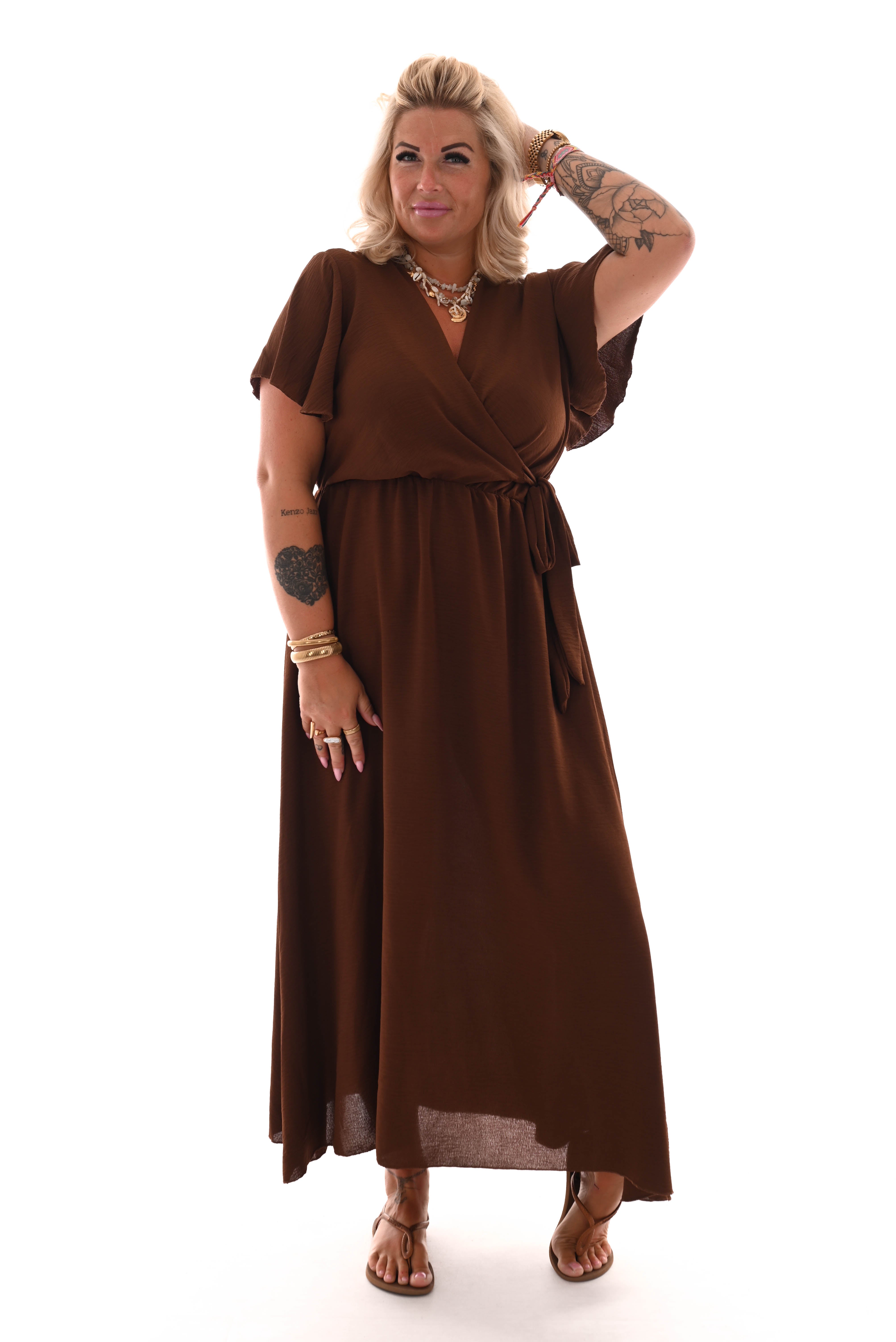 Maxi jurk met strik uni bruin