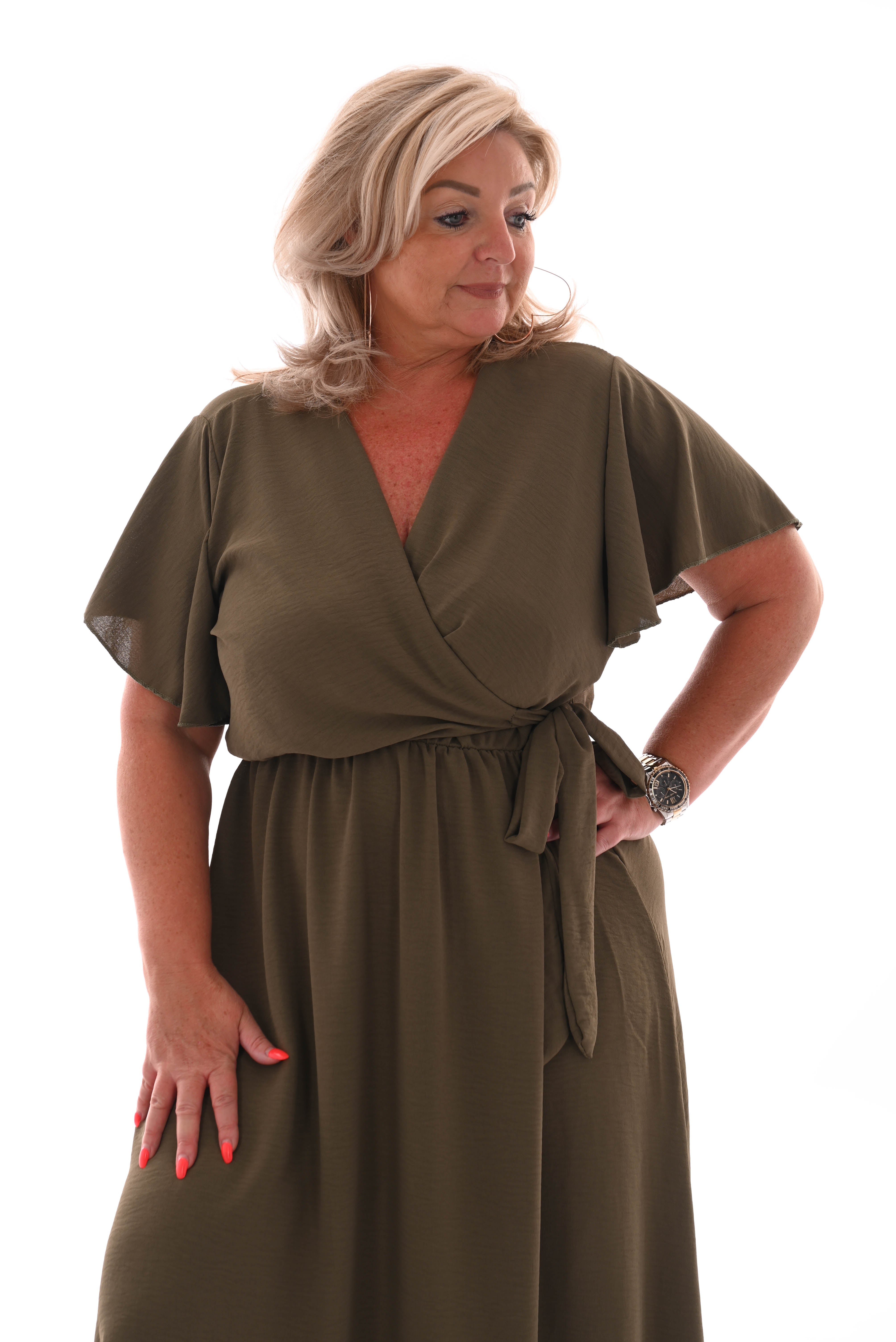 Maxi jurk met strik uni legergroen