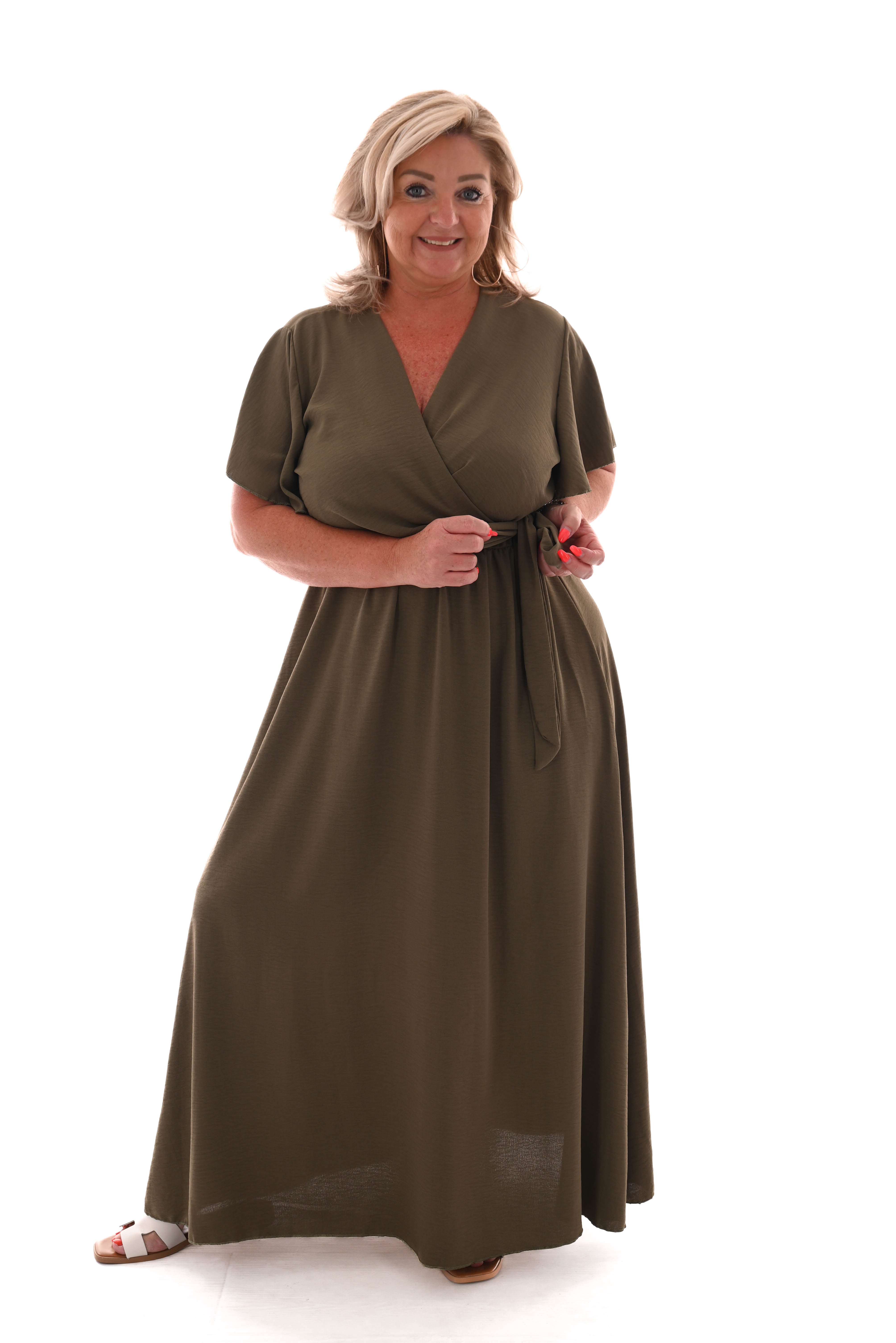 Maxi jurk met strik uni legergroen