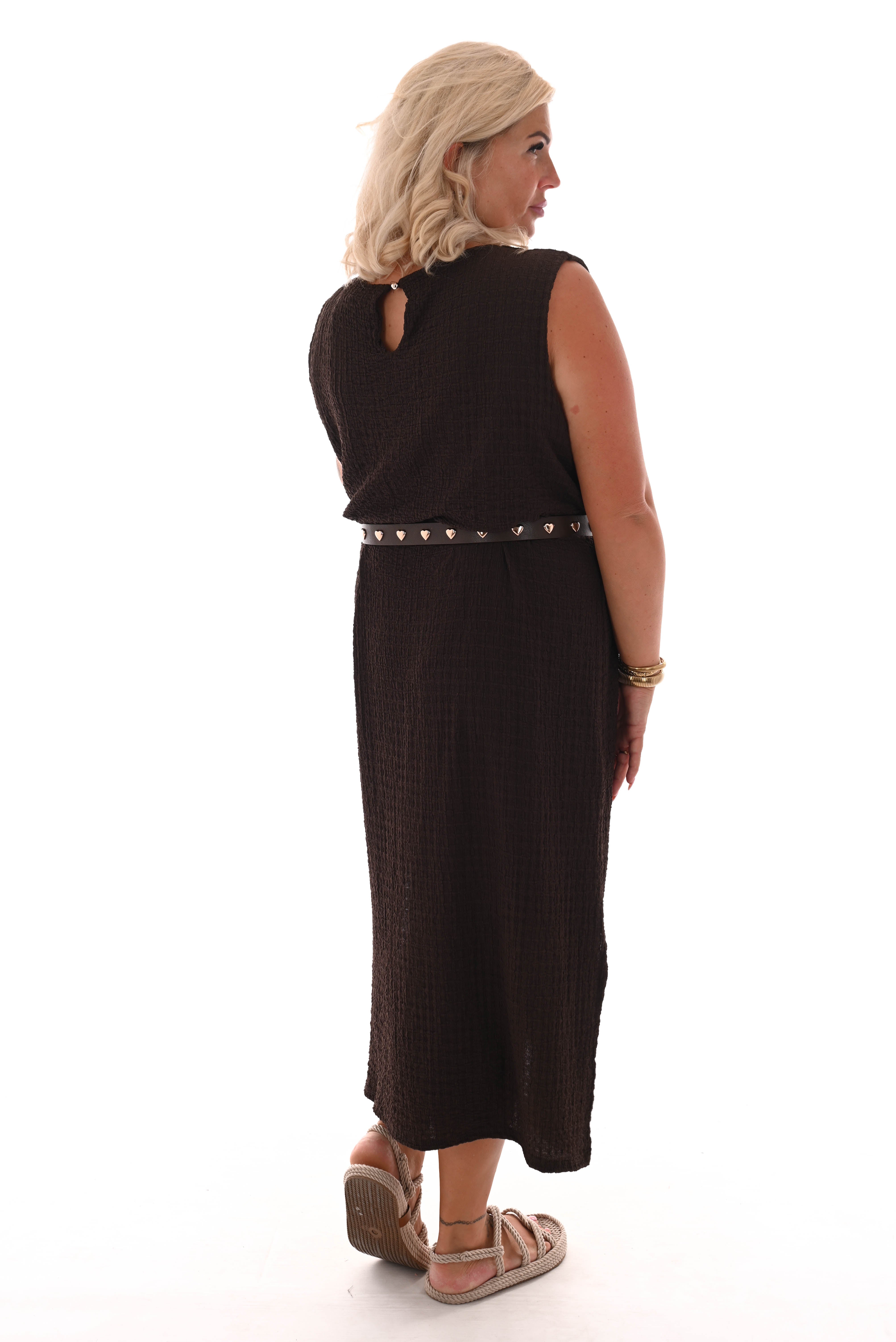 Lange jurk mouwloos crepe bruin