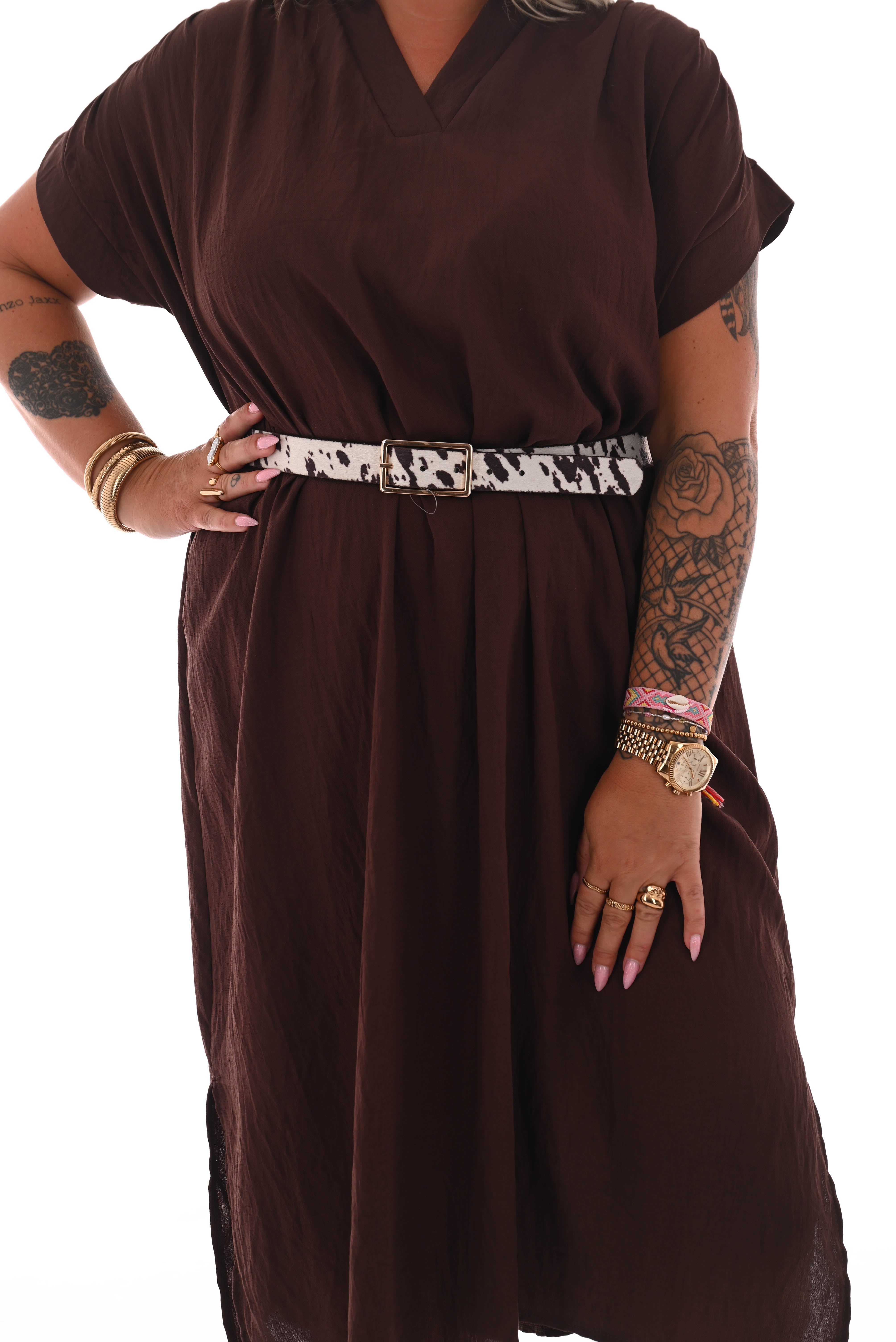 Jurk met ceintuur opstaande kraag bruin