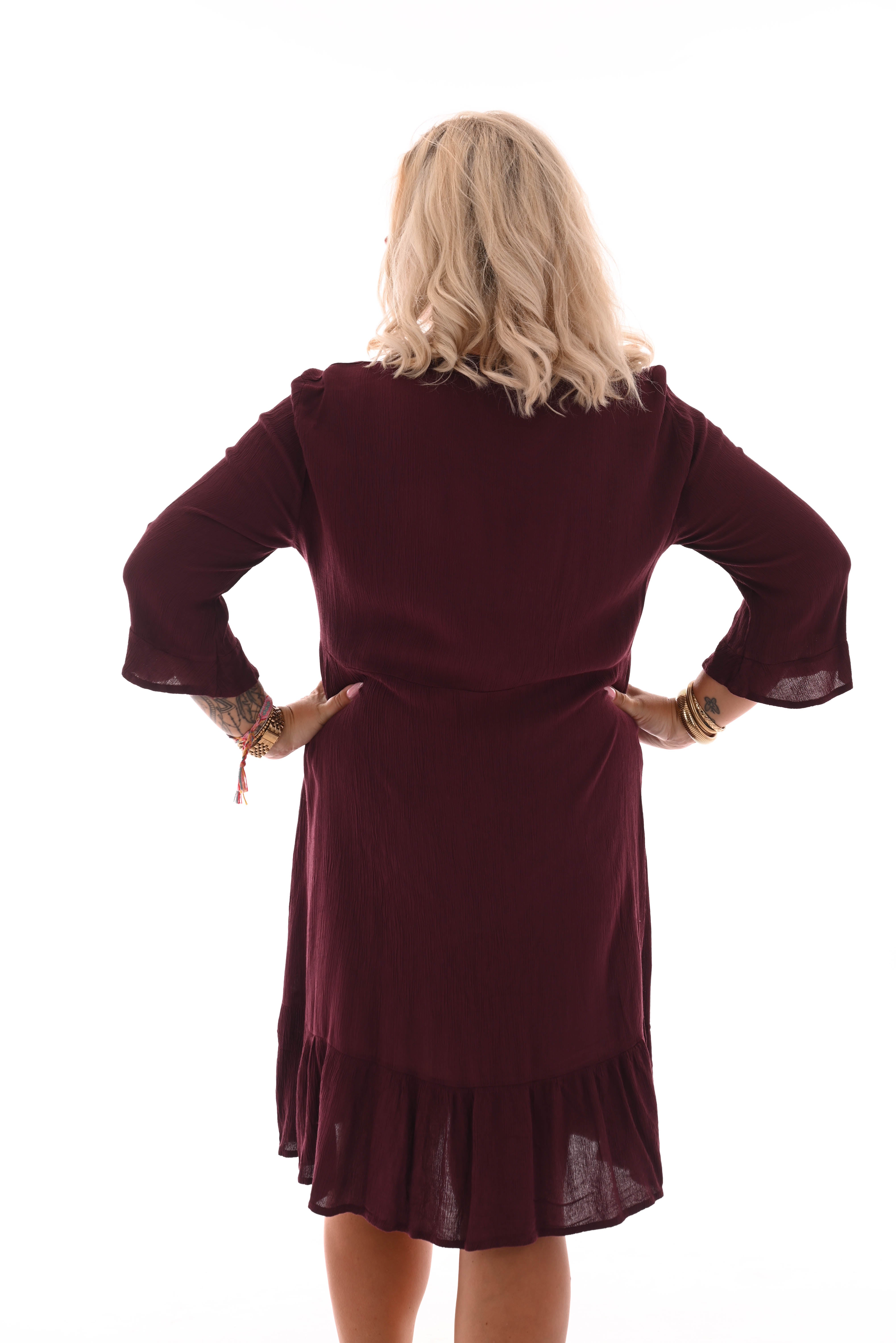 Jurk v-hals crepe uni 3/4e mouwen bordeaux