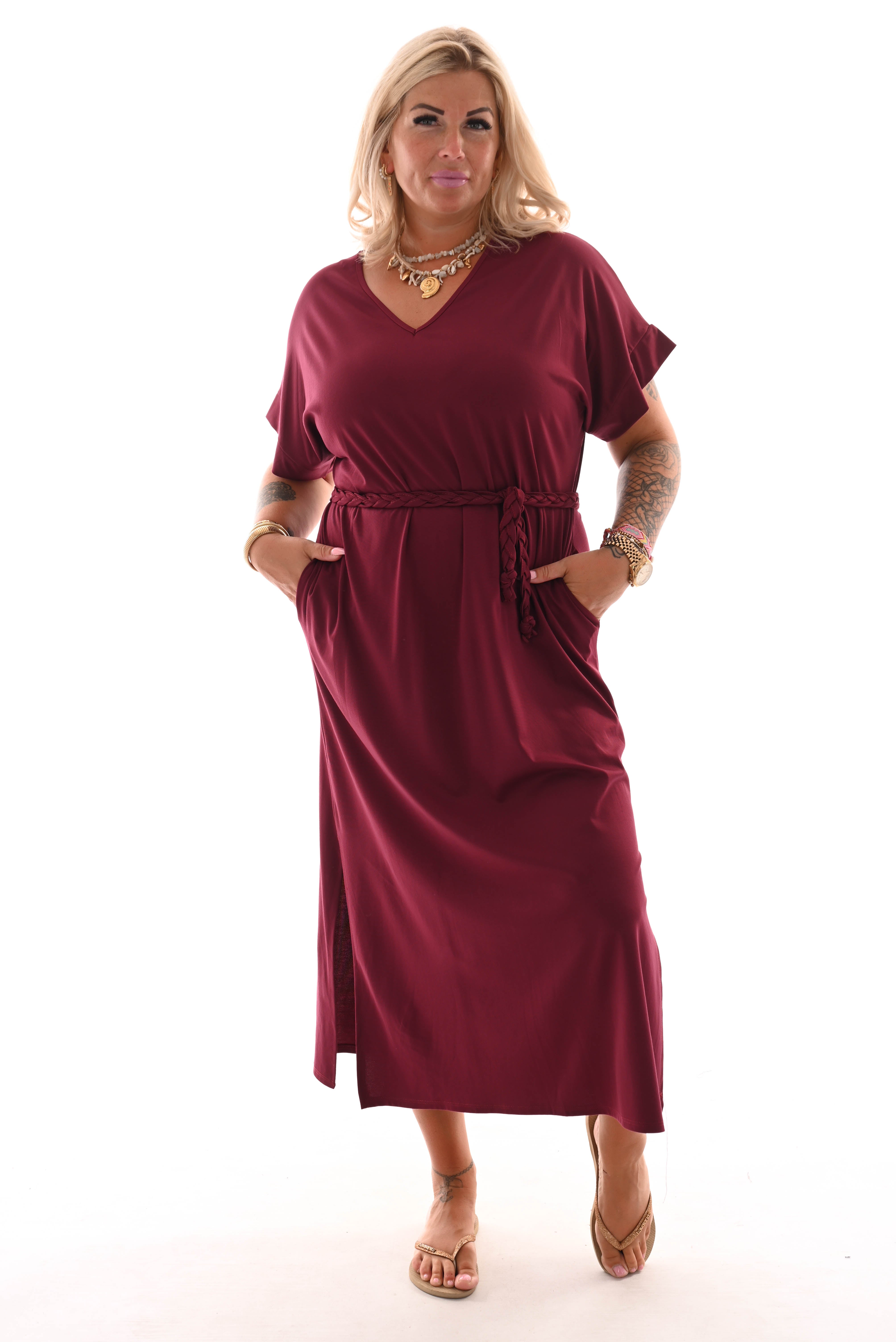 Jurk vlecht ceintuur bordeaux