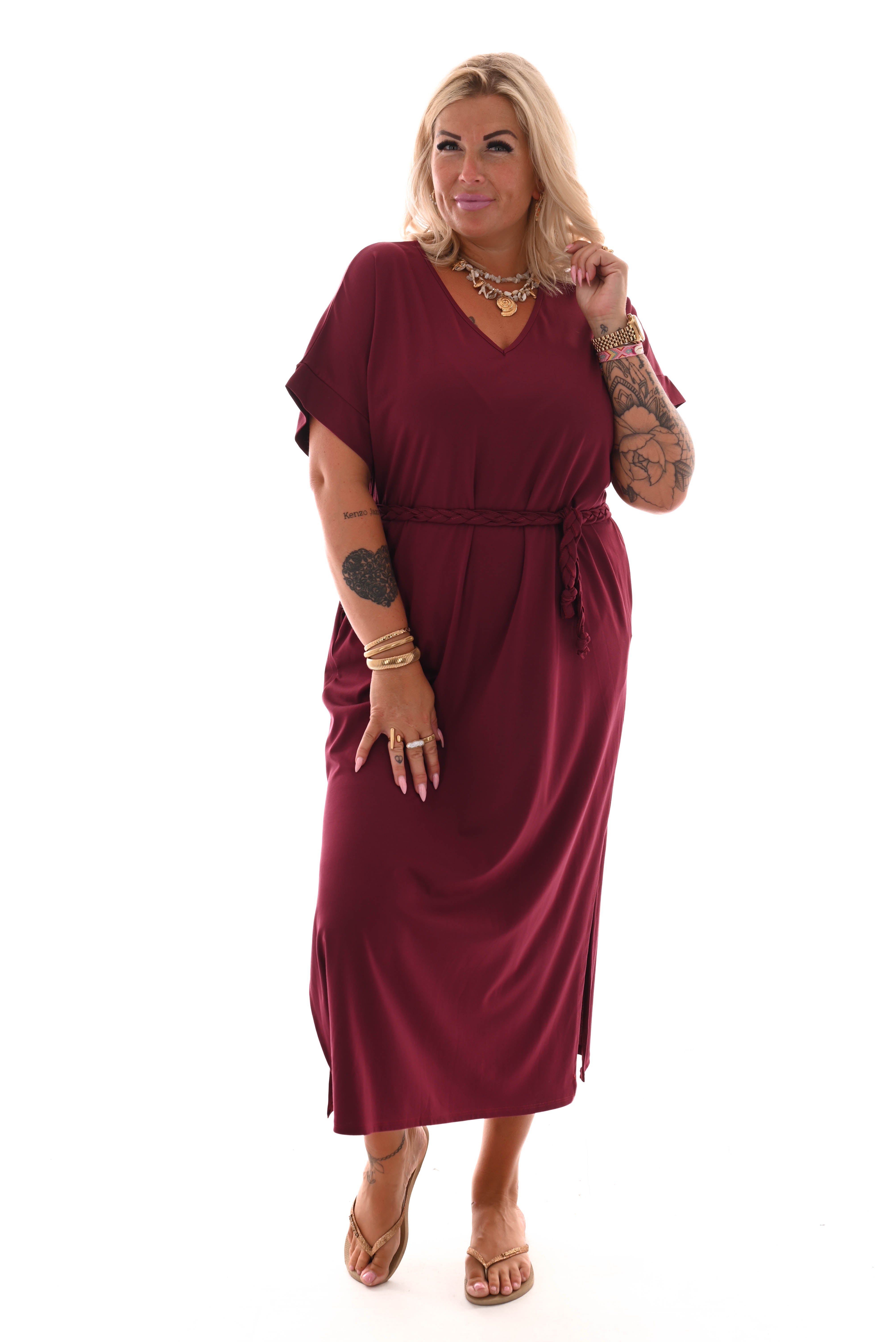 Jurk vlecht ceintuur bordeaux