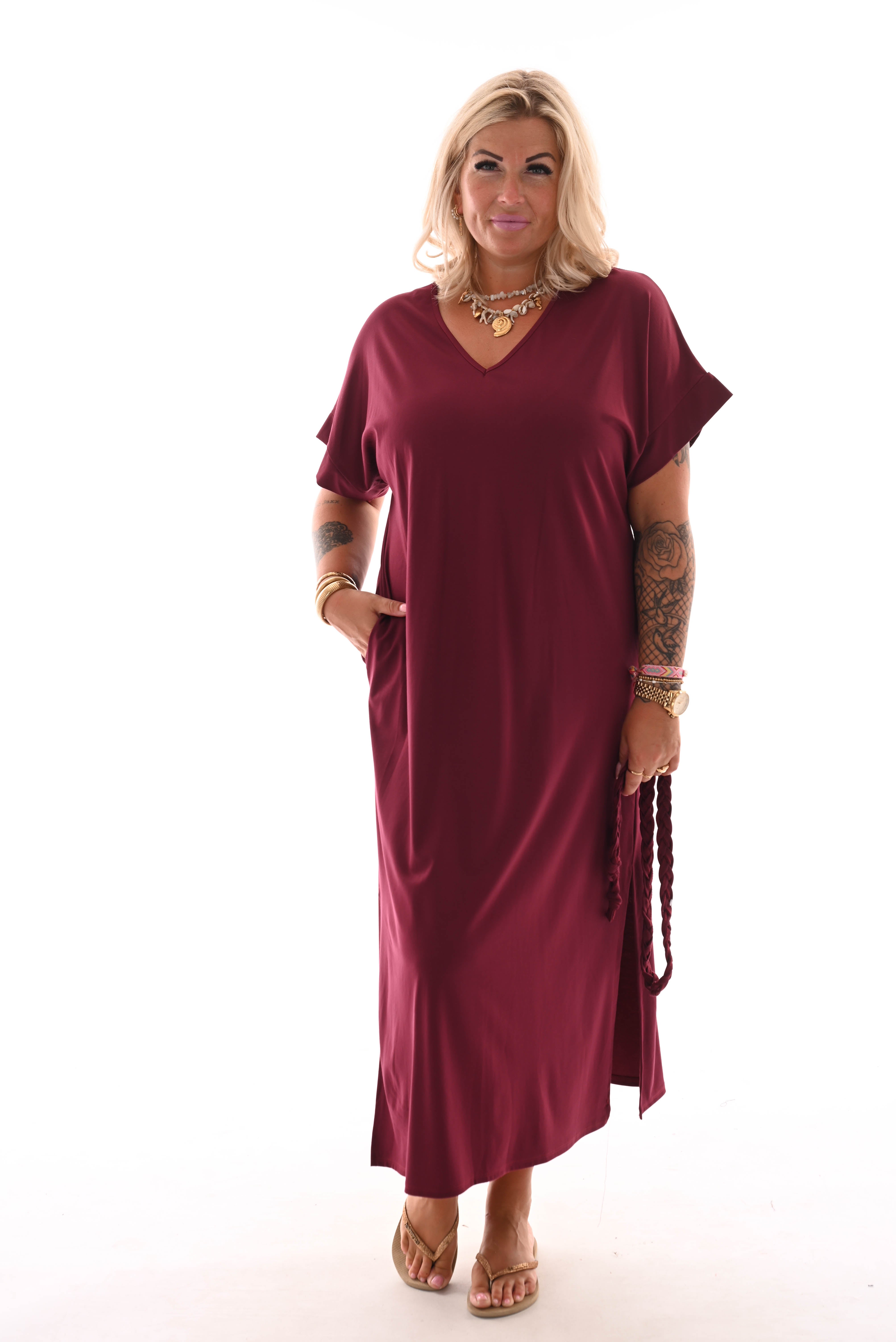 Jurk vlecht ceintuur bordeaux