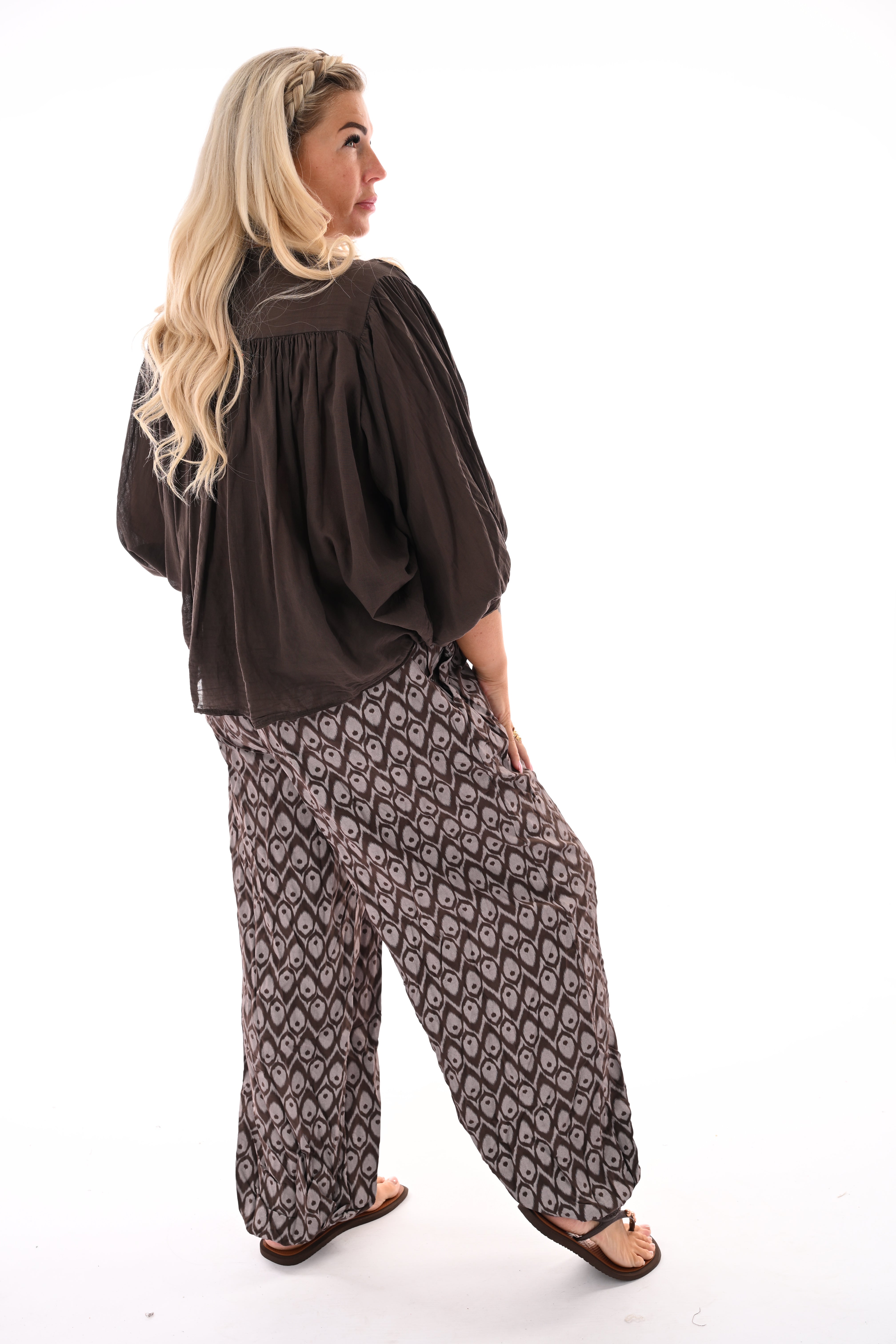 Korte blouse 3/4e mouwen uni donkerbruin