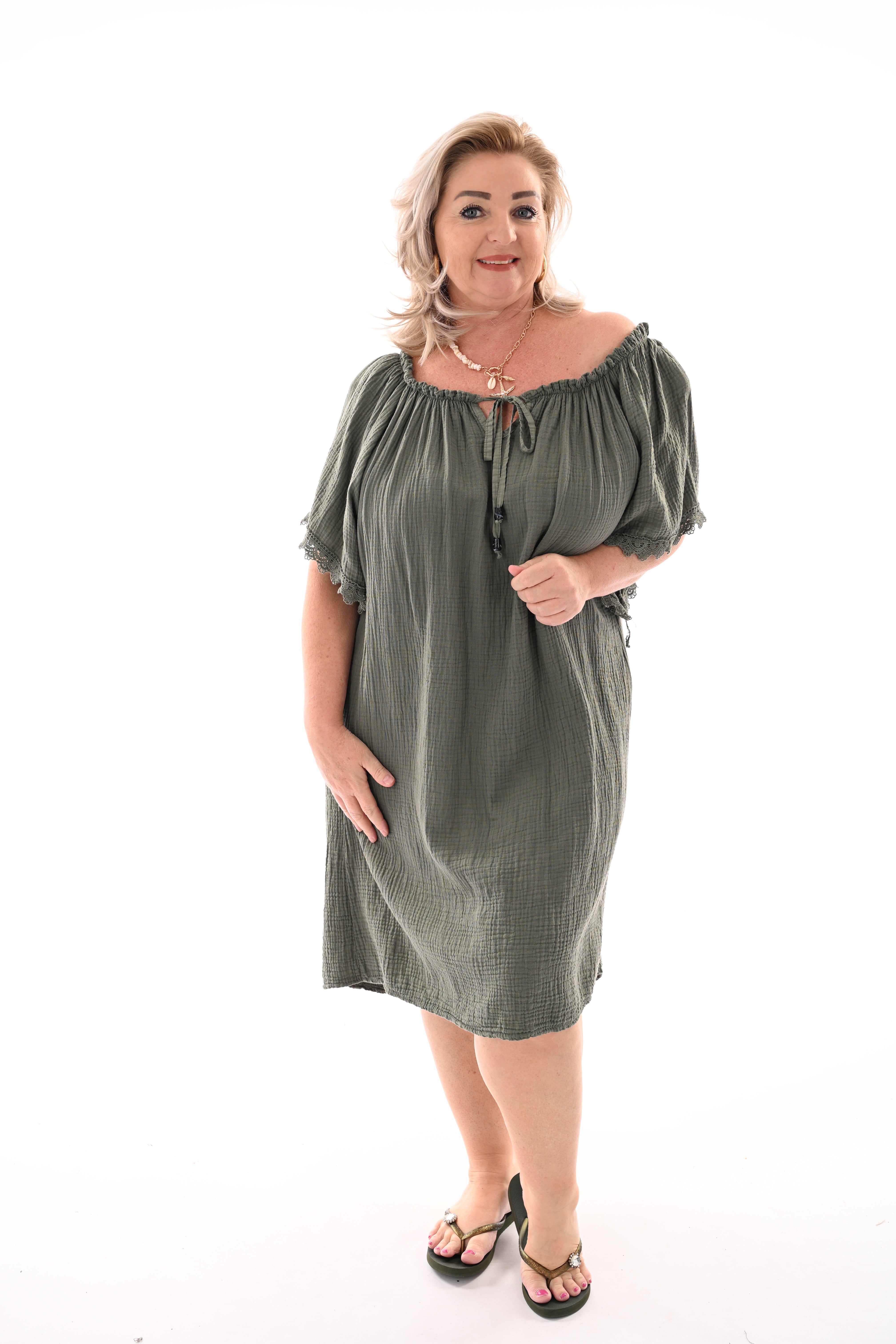 Wafel jurk off-shoulder legergroen