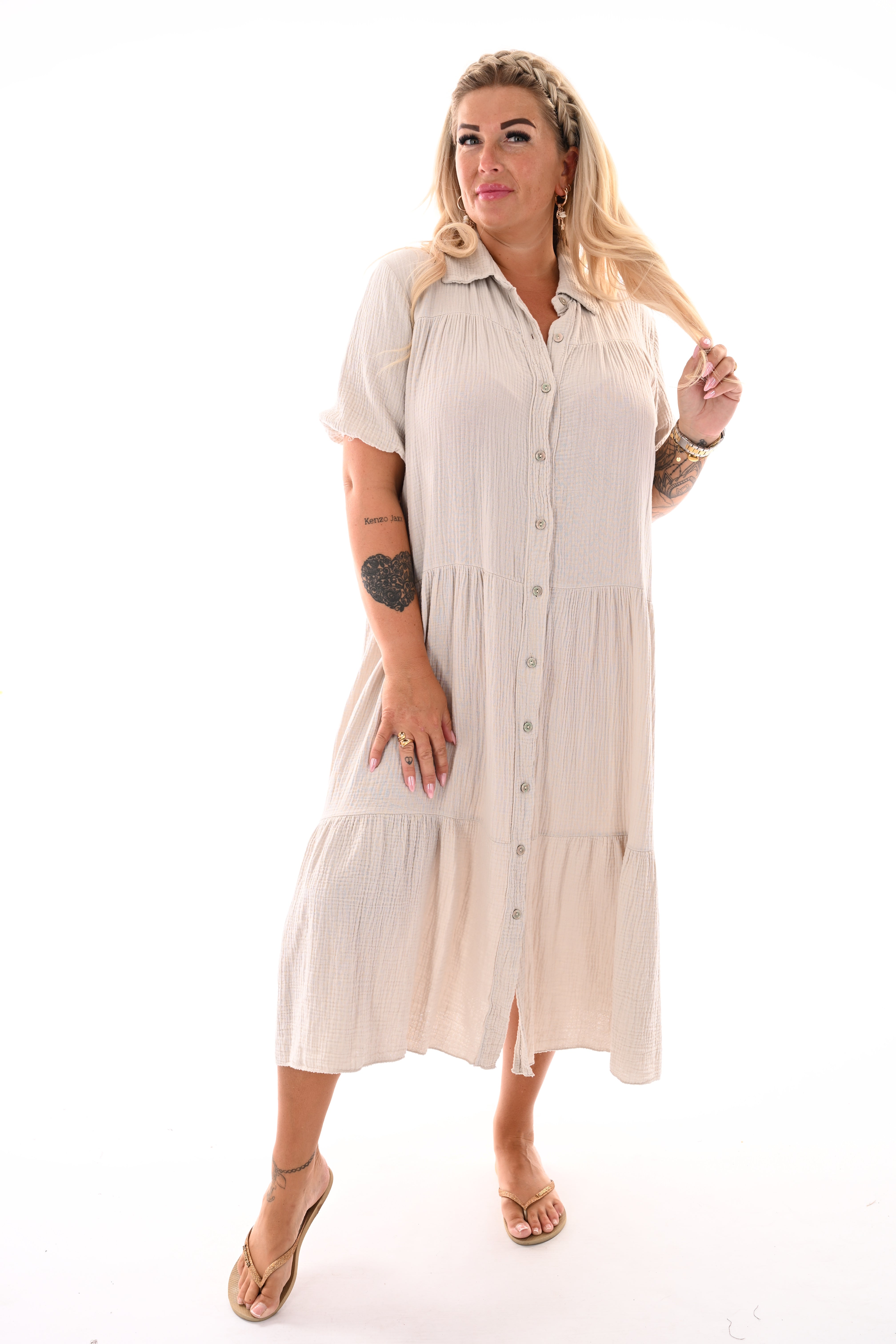 Midi lange wafel jurk uni beige